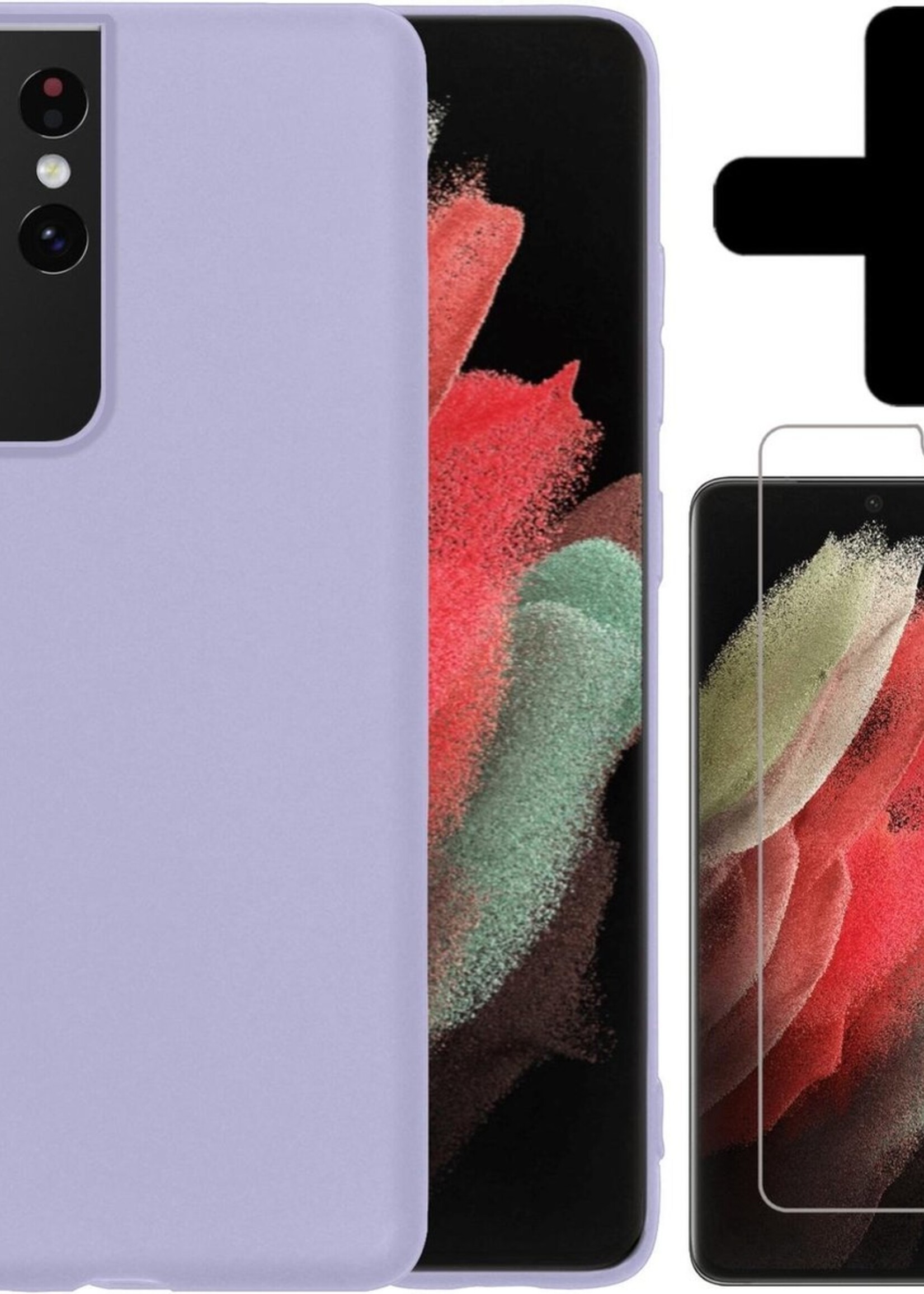 BTH Hoesje Geschikt voor Samsung S21 Ultra Hoesje Siliconen Case Hoes Met Screenprotector - Hoes Geschikt voor Samsung Galaxy S21 Ultra Hoes Cover Case - Lila