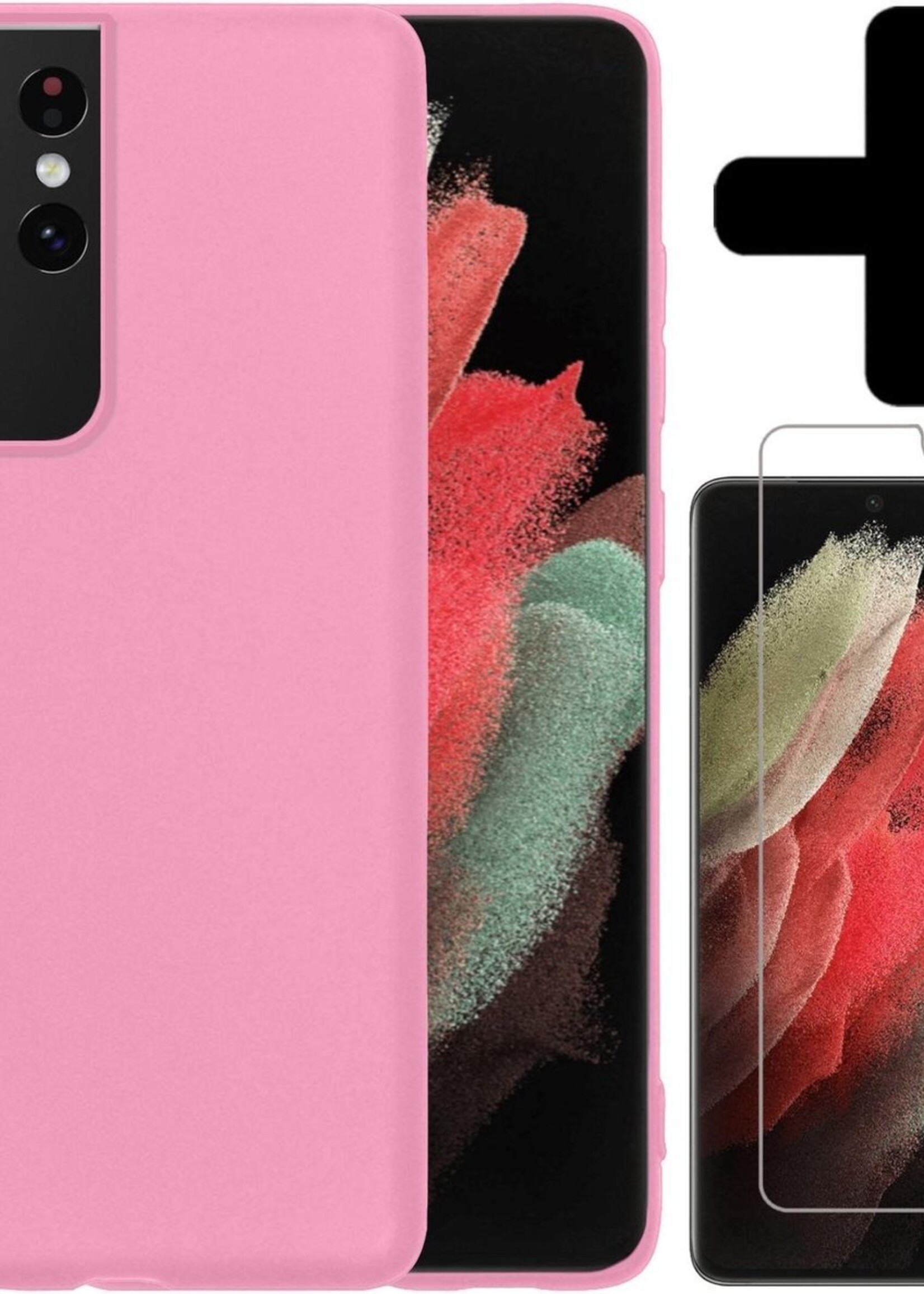 BTH Hoesje Geschikt voor Samsung S21 Ultra Hoesje Siliconen Case Hoes Met Screenprotector - Hoes Geschikt voor Samsung Galaxy S21 Ultra Hoes Cover Case - Lichtroze
