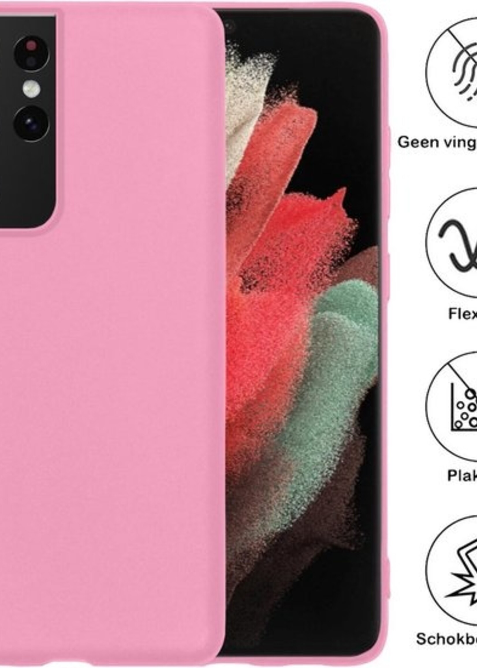 BTH Hoesje Geschikt voor Samsung S21 Ultra Hoesje Siliconen Case Hoes Met Screenprotector - Hoes Geschikt voor Samsung Galaxy S21 Ultra Hoes Cover Case - Lichtroze