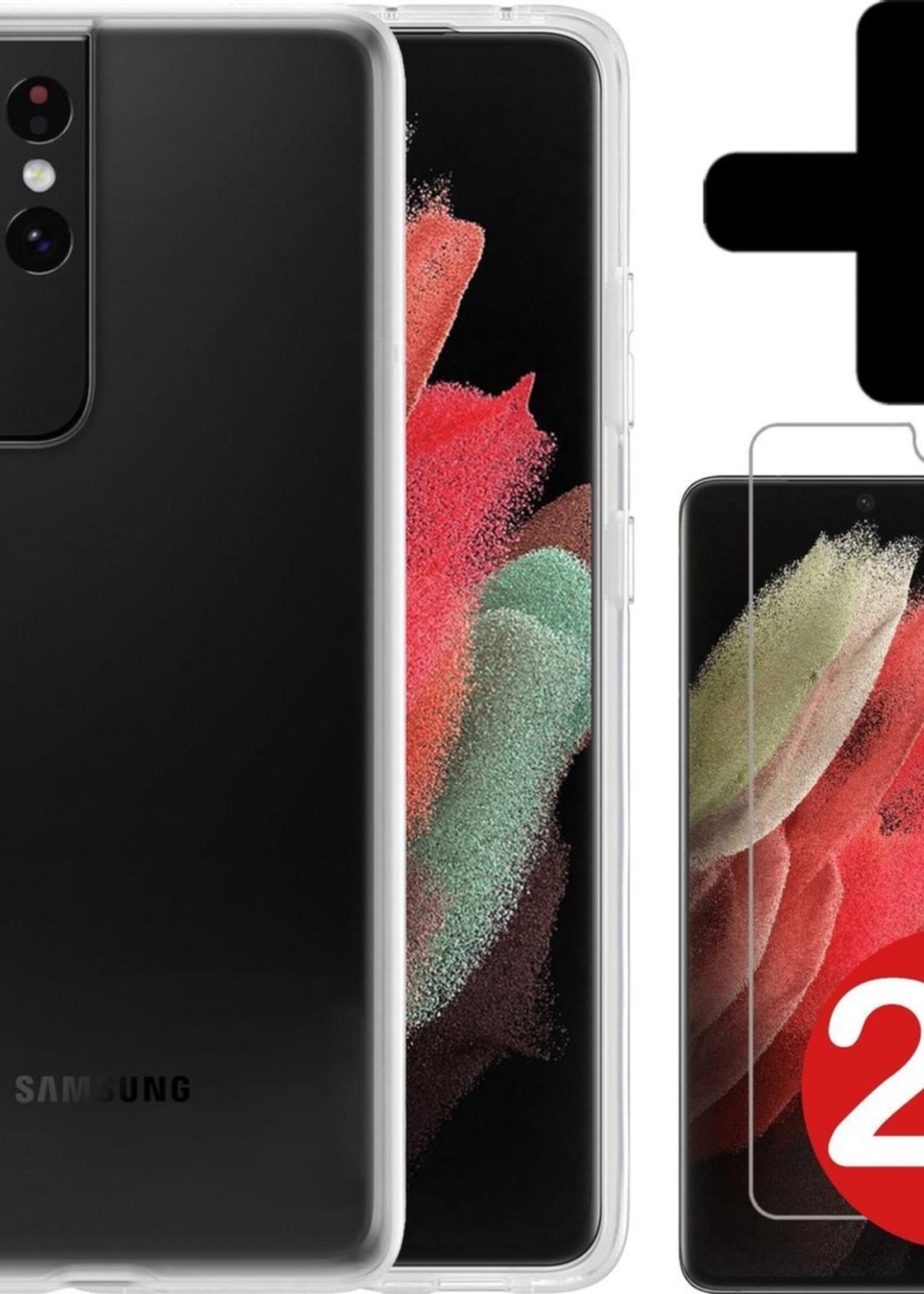 BTH Hoesje Geschikt voor Samsung S21 Ultra Hoesje Siliconen Case Hoes Met 2x Screenprotector - Hoes Geschikt voor Samsung Galaxy S21 Ultra Hoes Cover Case - Transparant