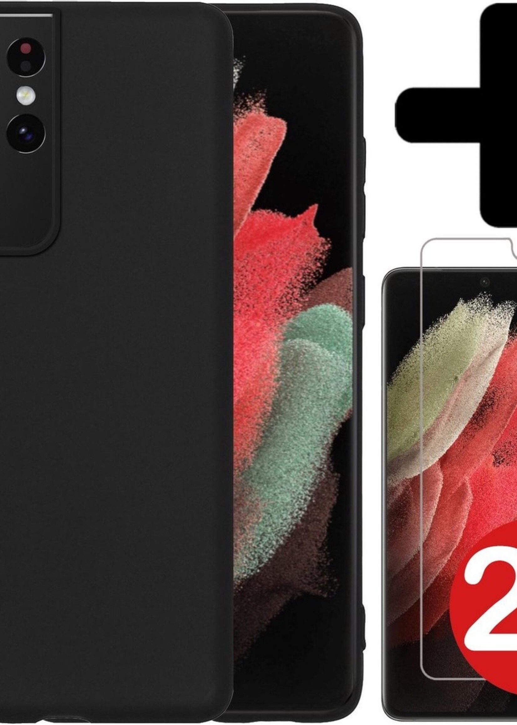 BTH Hoesje Geschikt voor Samsung S21 Ultra Hoesje Siliconen Case Hoes Met 2x Screenprotector - Hoes Geschikt voor Samsung Galaxy S21 Ultra Hoes Cover Case - Zwart