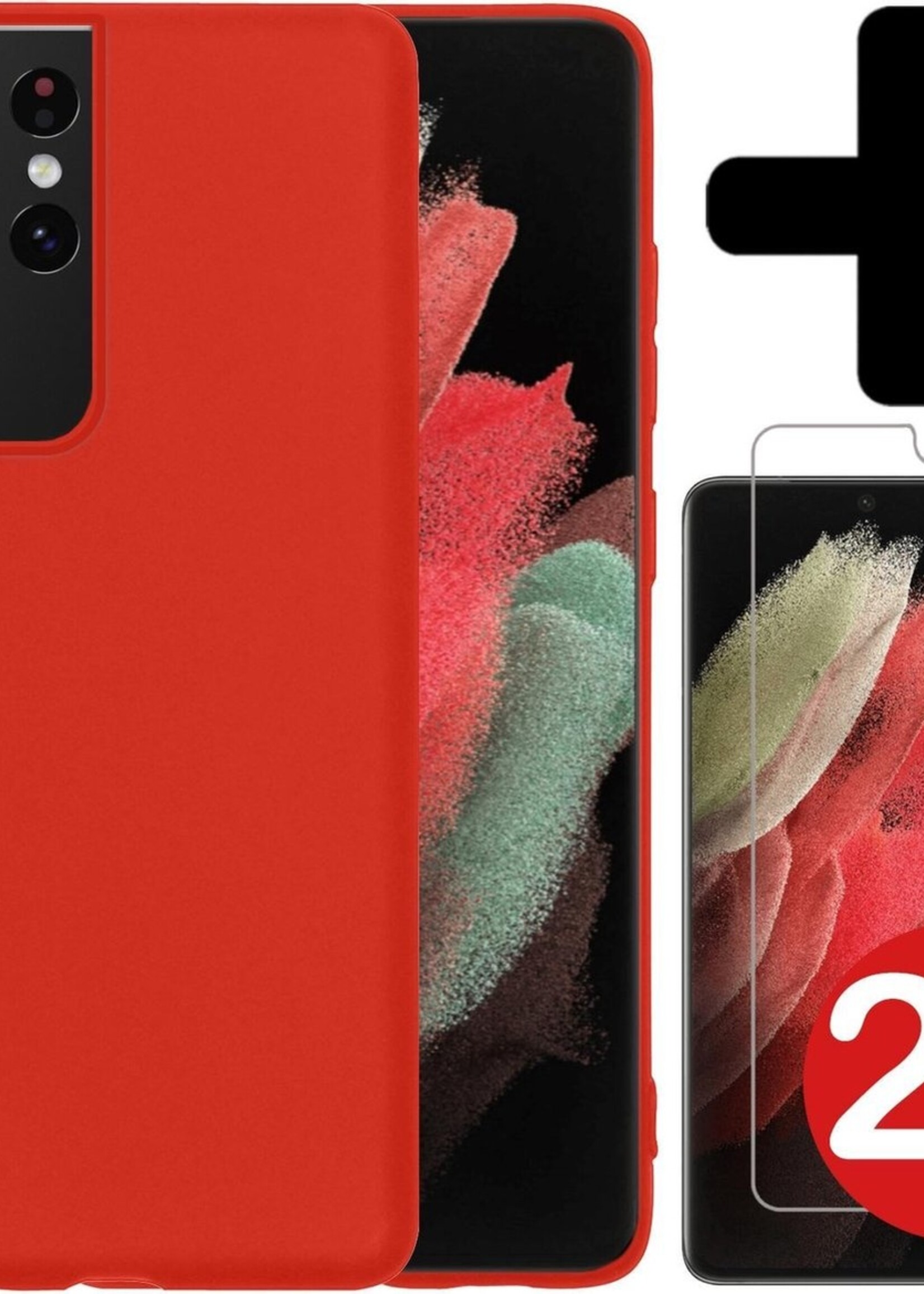 BTH Hoesje Geschikt voor Samsung S21 Ultra Hoesje Siliconen Case Hoes Met 2x Screenprotector - Hoes Geschikt voor Samsung Galaxy S21 Ultra Hoes Cover Case - Rood