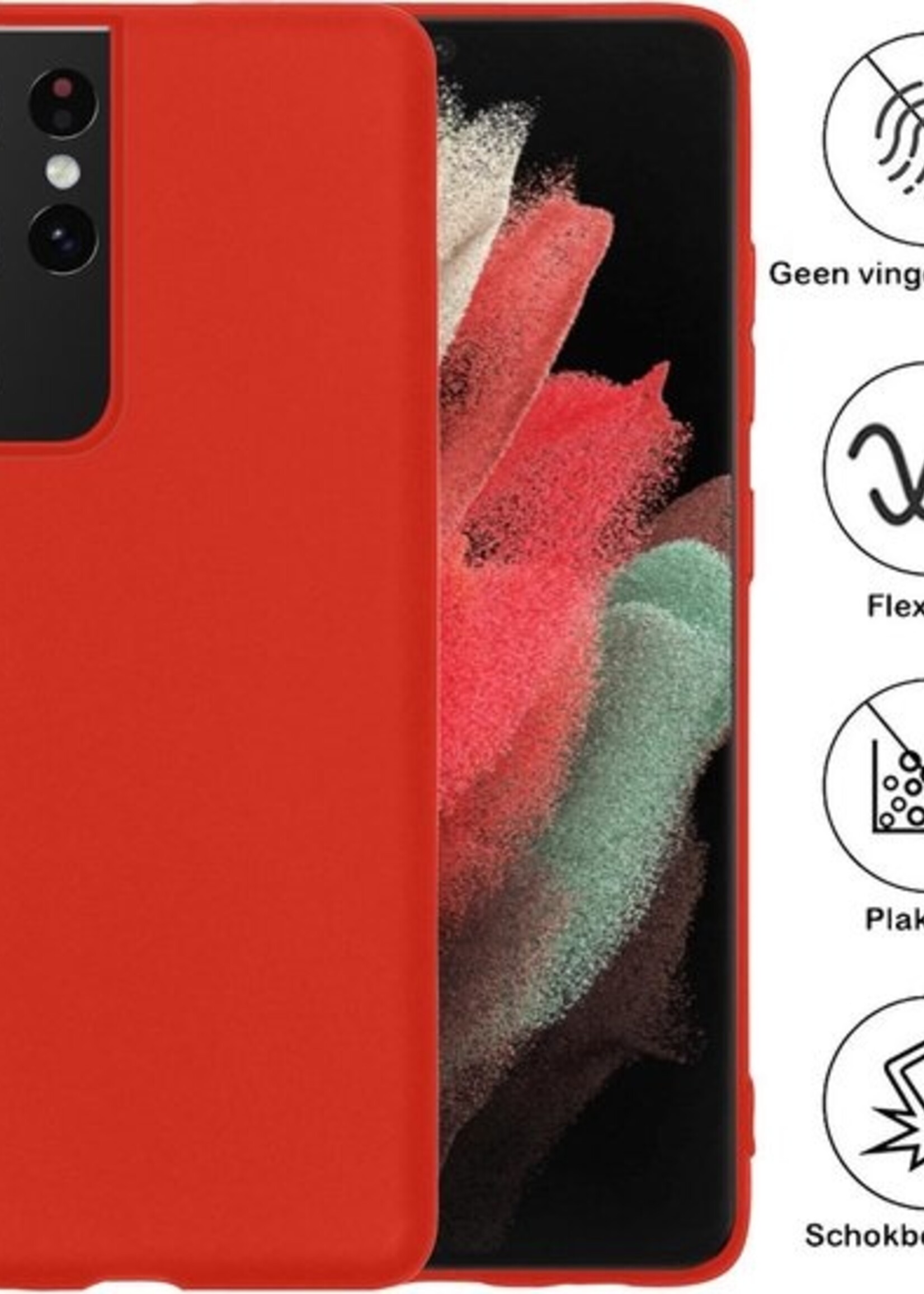 BTH Hoesje Geschikt voor Samsung S21 Ultra Hoesje Siliconen Case Hoes Met 2x Screenprotector - Hoes Geschikt voor Samsung Galaxy S21 Ultra Hoes Cover Case - Rood