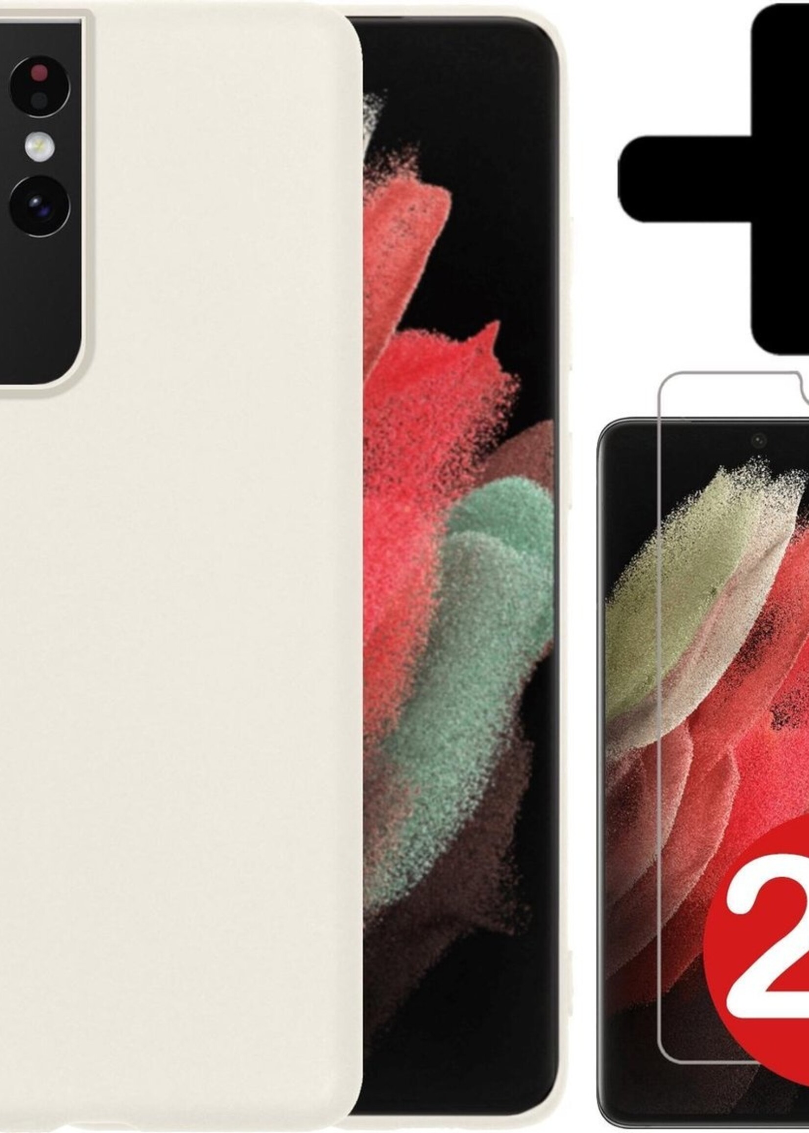 BTH Hoesje Geschikt voor Samsung S21 Ultra Hoesje Siliconen Case Hoes Met 2x Screenprotector - Hoes Geschikt voor Samsung Galaxy S21 Ultra Hoes Cover Case - Wit