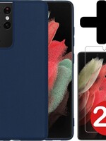 BTH BTH Samsung Galaxy S21 Ultra hoesje siliconen donkerblauw met 2x screenprotector