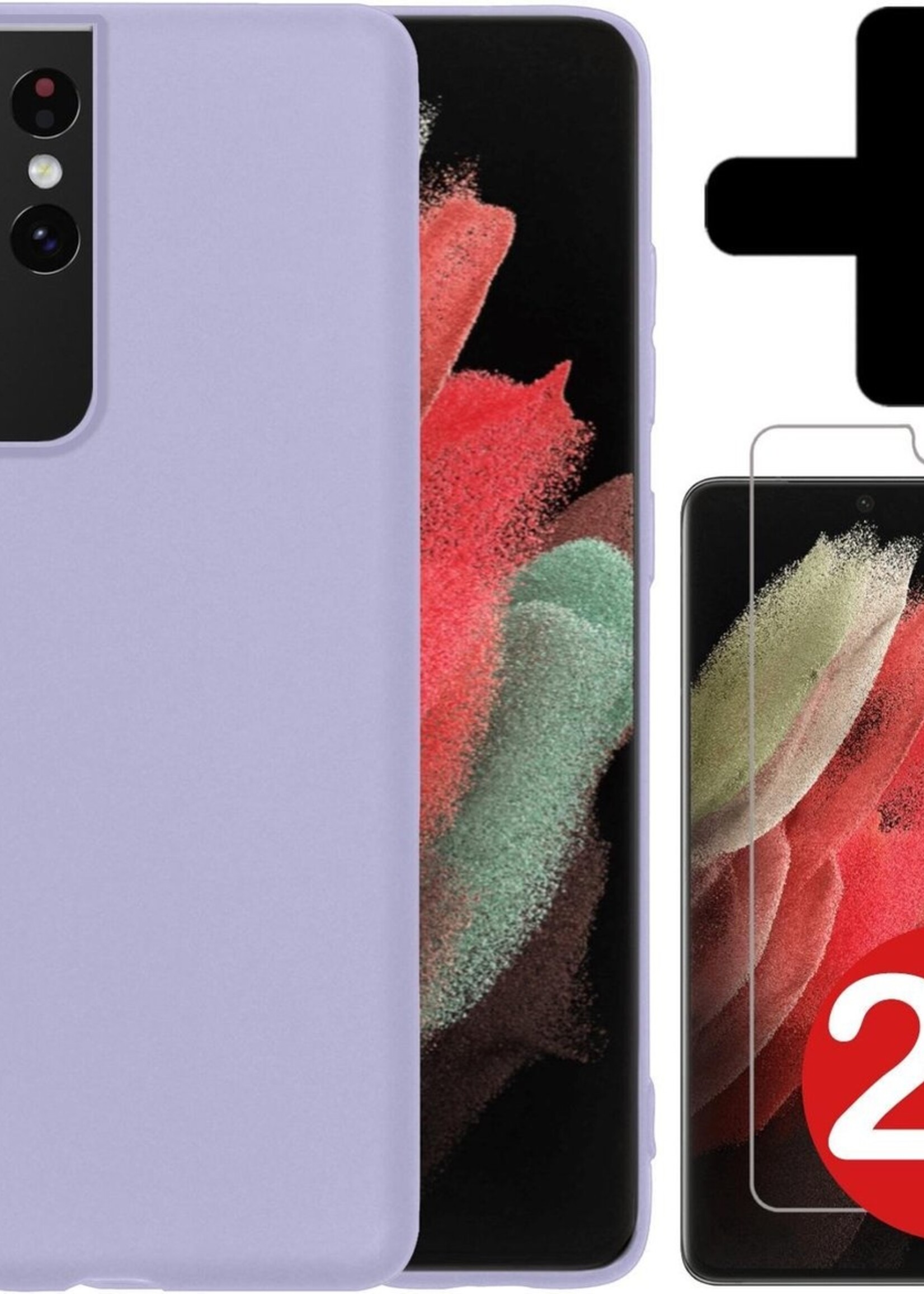 BTH Hoesje Geschikt voor Samsung S21 Ultra Hoesje Siliconen Case Hoes Met 2x Screenprotector - Hoes Geschikt voor Samsung Galaxy S21 Ultra Hoes Cover Case - Lila