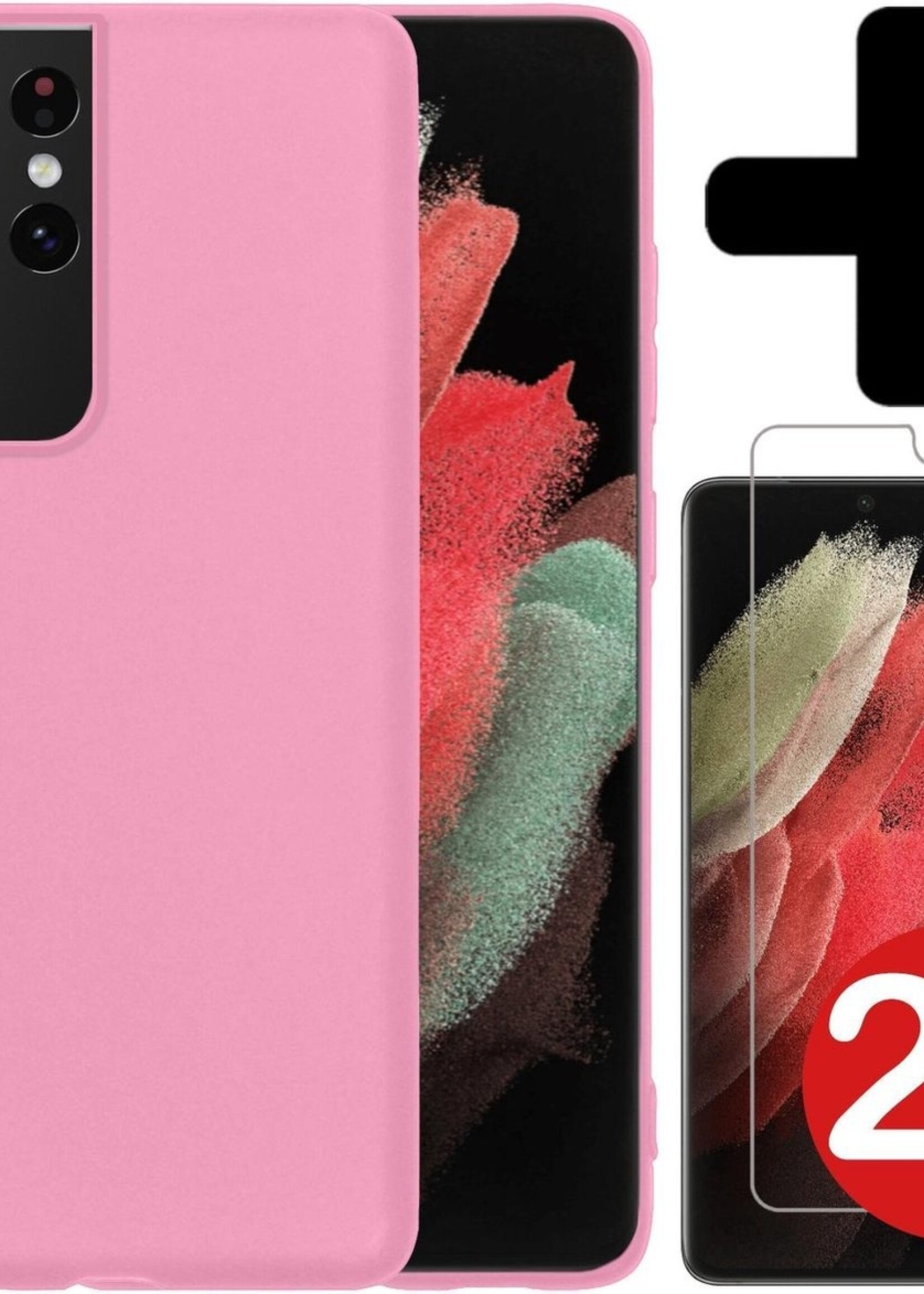 BTH Hoesje Geschikt voor Samsung S21 Ultra Hoesje Siliconen Case Hoes Met 2x Screenprotector - Hoes Geschikt voor Samsung Galaxy S21 Ultra Hoes Cover Case - Lichtroze