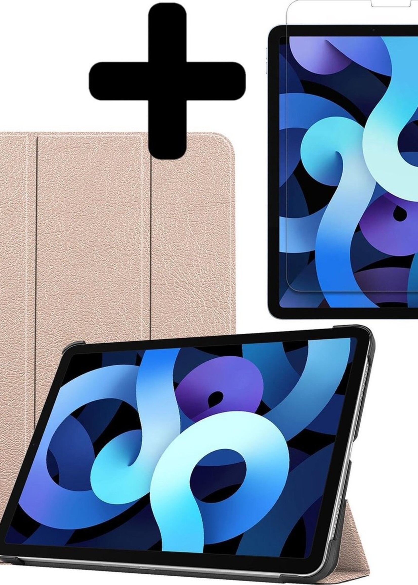 BTH Hoes Geschikt voor iPad Air 2020 Hoes Book Case Hoesje Trifold Cover Met Screenprotector - Hoesje Geschikt voor iPad Air 4 2020 Hoesje Bookcase - Goud