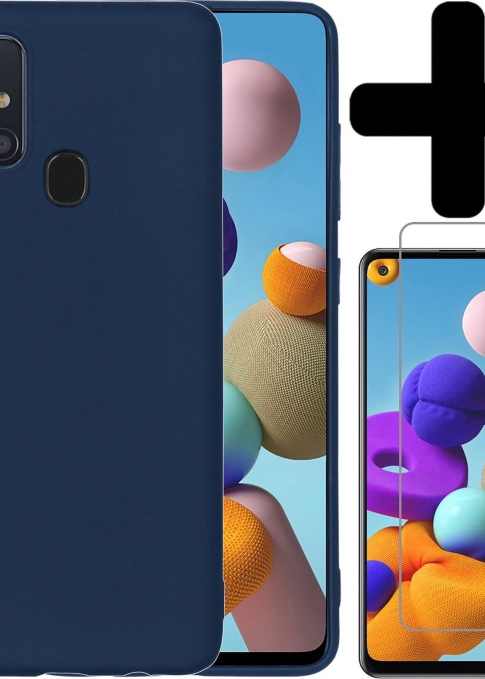 BTH Hoesje Geschikt voor Samsung A21s Hoesje Siliconen Case Hoes Met Screenprotector - Hoes Geschikt voor Samsung Galaxy A21s Hoes Cover Case - Donkerblauw
