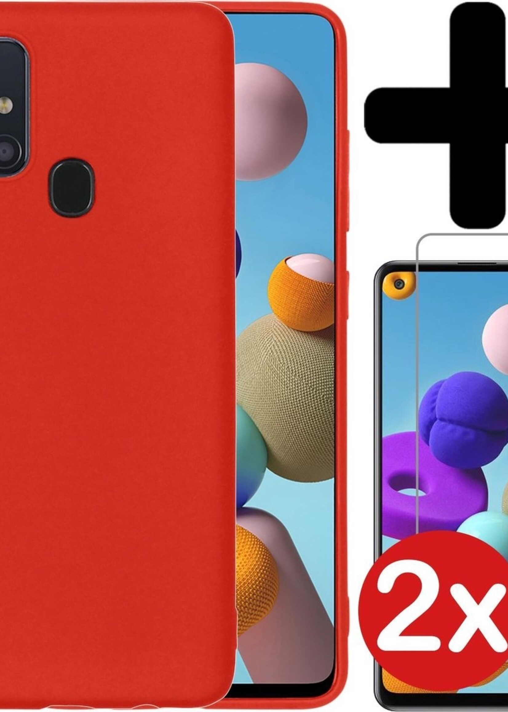 BTH Hoesje Geschikt voor Samsung A21s Hoesje Siliconen Case Hoes Met 2x Screenprotector - Hoes Geschikt voor Samsung Galaxy A21s Hoes Cover Case - Rood