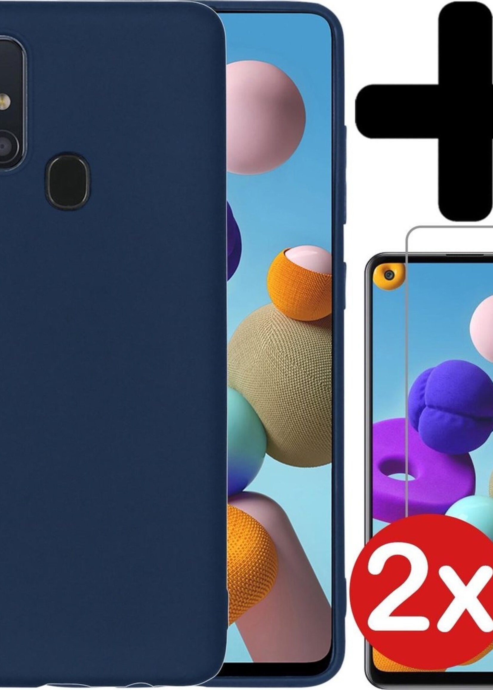 BTH Hoesje Geschikt voor Samsung A21s Hoesje Siliconen Case Hoes Met 2x Screenprotector - Hoes Geschikt voor Samsung Galaxy A21s Hoes Cover Case - Donkerblauw