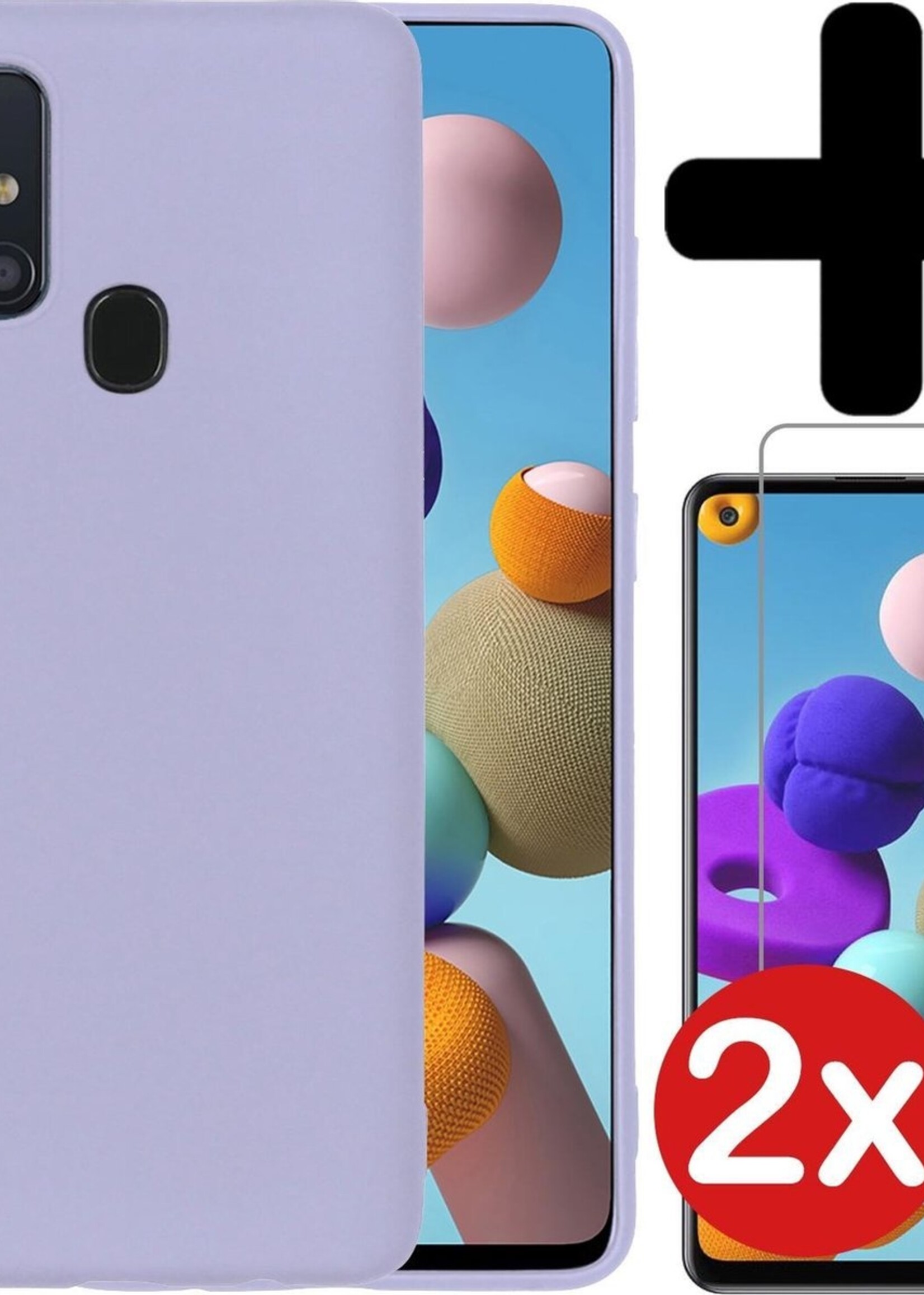 BTH Hoesje Geschikt voor Samsung A21s Hoesje Siliconen Case Hoes Met 2x Screenprotector - Hoes Geschikt voor Samsung Galaxy A21s Hoes Cover Case - Lila