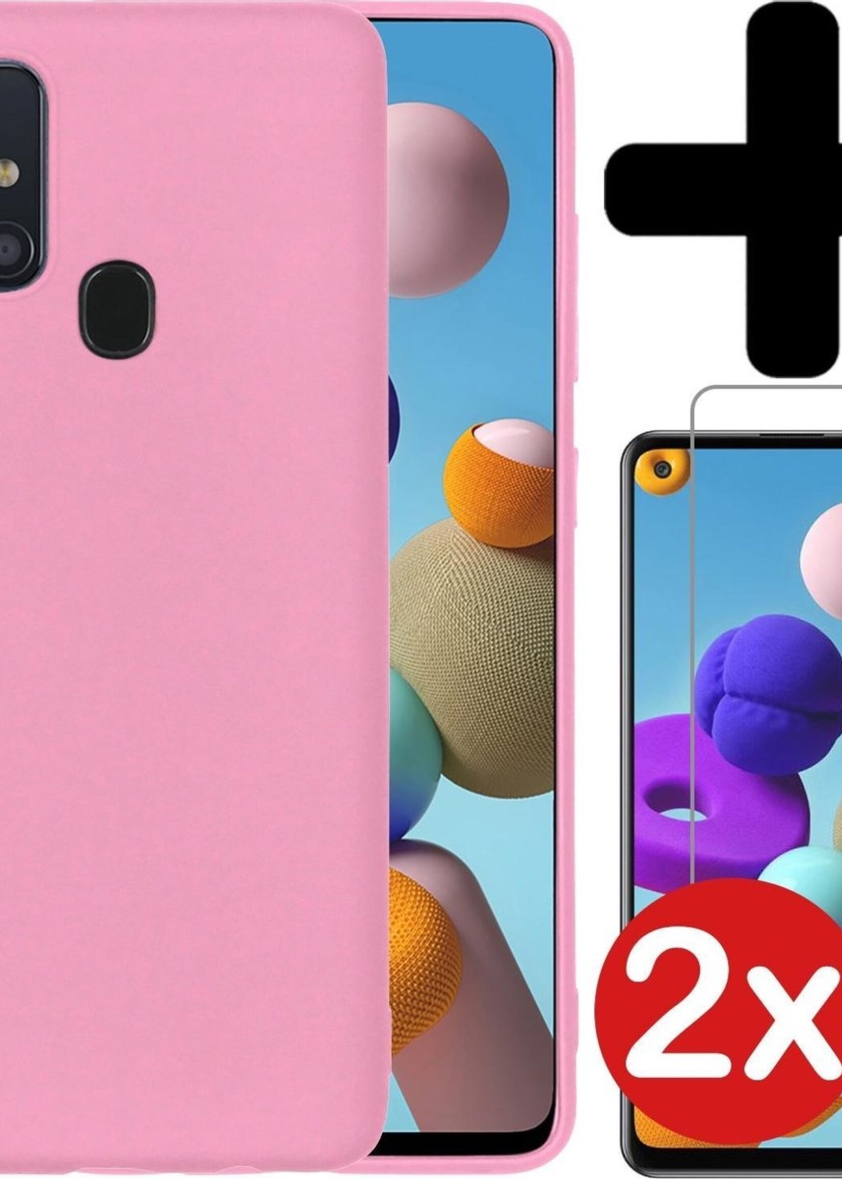 BTH Hoesje Geschikt voor Samsung A21s Hoesje Siliconen Case Hoes Met 2x Screenprotector - Hoes Geschikt voor Samsung Galaxy A21s Hoes Cover Case - Lichtroze