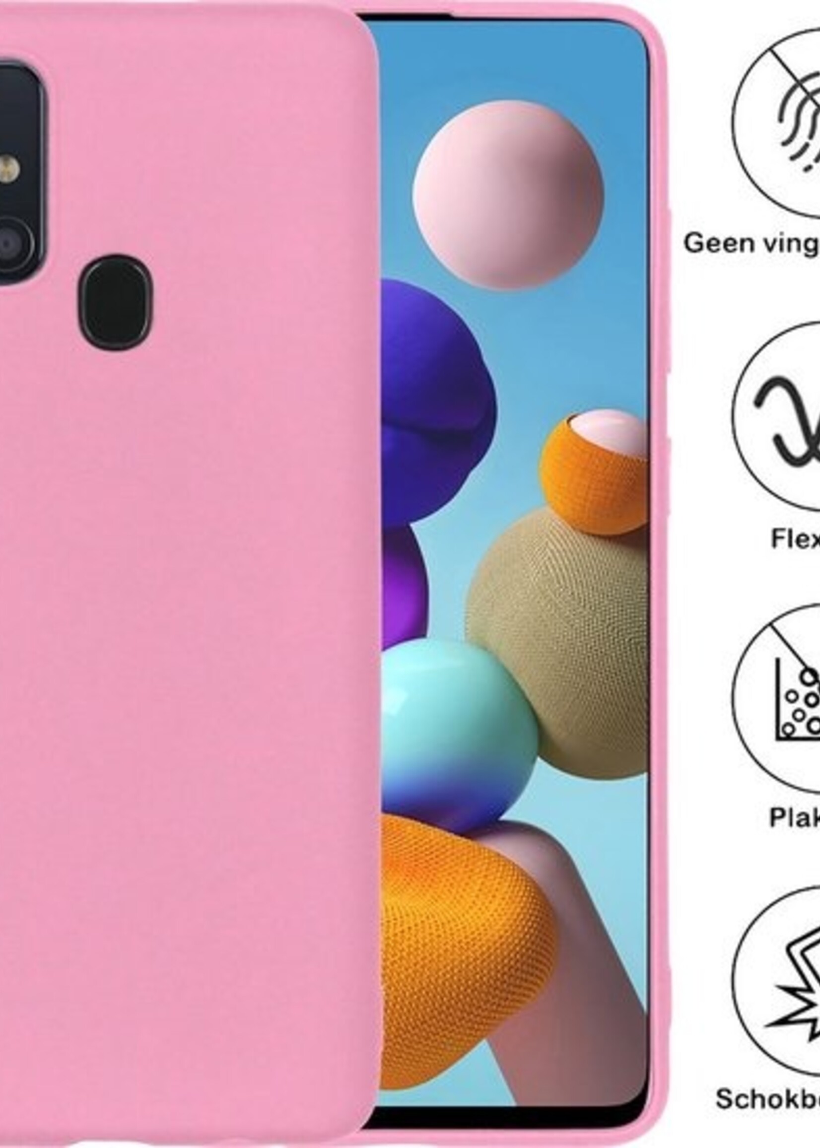 BTH Hoesje Geschikt voor Samsung A21s Hoesje Siliconen Case Hoes Met 2x Screenprotector - Hoes Geschikt voor Samsung Galaxy A21s Hoes Cover Case - Lichtroze
