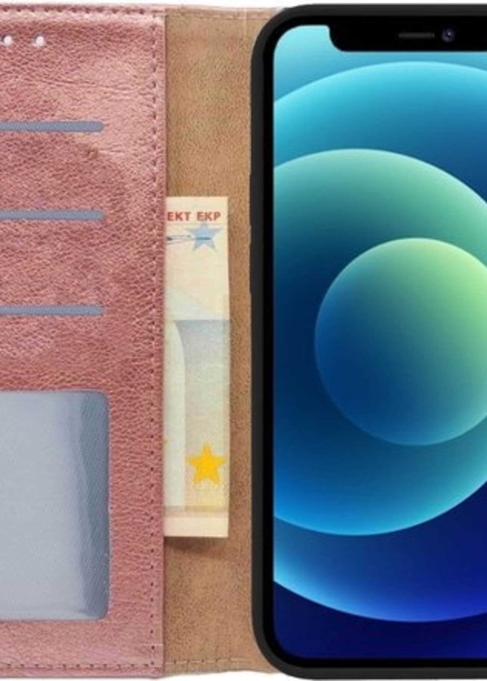 BTH Hoesje Geschikt voor iPhone 12 Hoesje Book Case Hoes Portemonnee Cover Walletcase Met Screenprotector - Hoes Geschikt voor iPhone 12 Hoes Bookcase Hoesje - Rosé goud