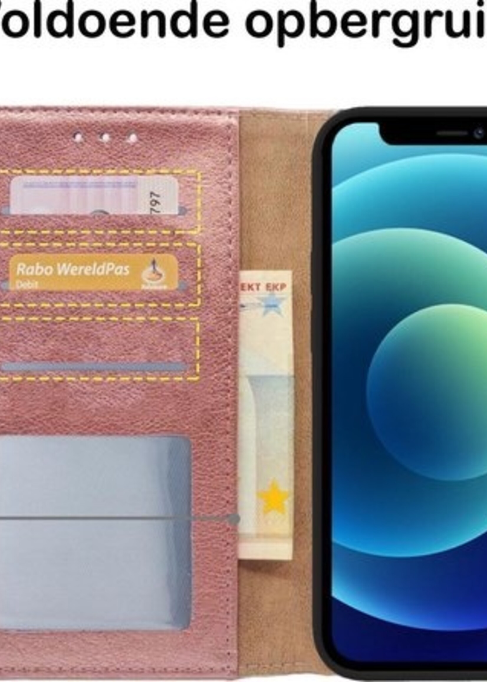 BTH Hoesje Geschikt voor iPhone 12 Hoesje Book Case Hoes Portemonnee Cover Walletcase Met Screenprotector - Hoes Geschikt voor iPhone 12 Hoes Bookcase Hoesje - Rosé goud