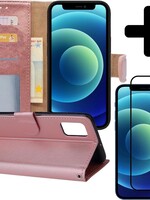 BTH BTH iPhone 12 Pro Hoesje Bookcase met screenprotector full cover - Rose Goud