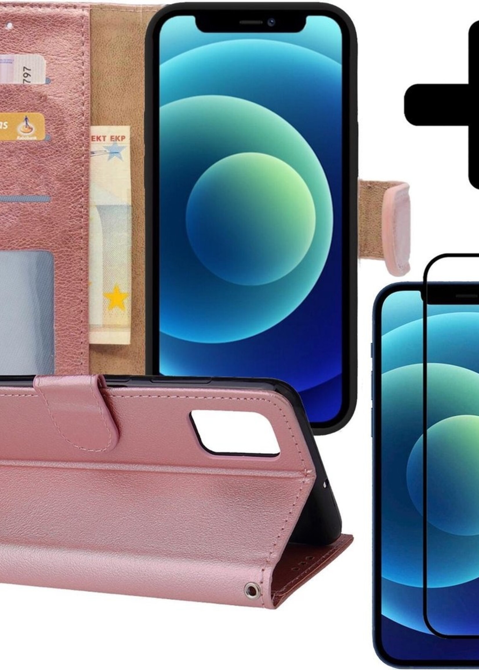 BTH Hoesje Geschikt voor iPhone 12 Pro Max Hoesje Book Case Hoes Portemonnee Cover Walletcase Met Screenprotector - Hoes Geschikt voor iPhone 12 Pro Max Hoes Bookcase Hoesje - Rosé goud