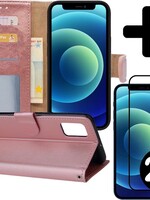 BTH BTH iPhone 12 Pro Hoesje Bookcase met 2x screenprotector full cover - Rose Goud