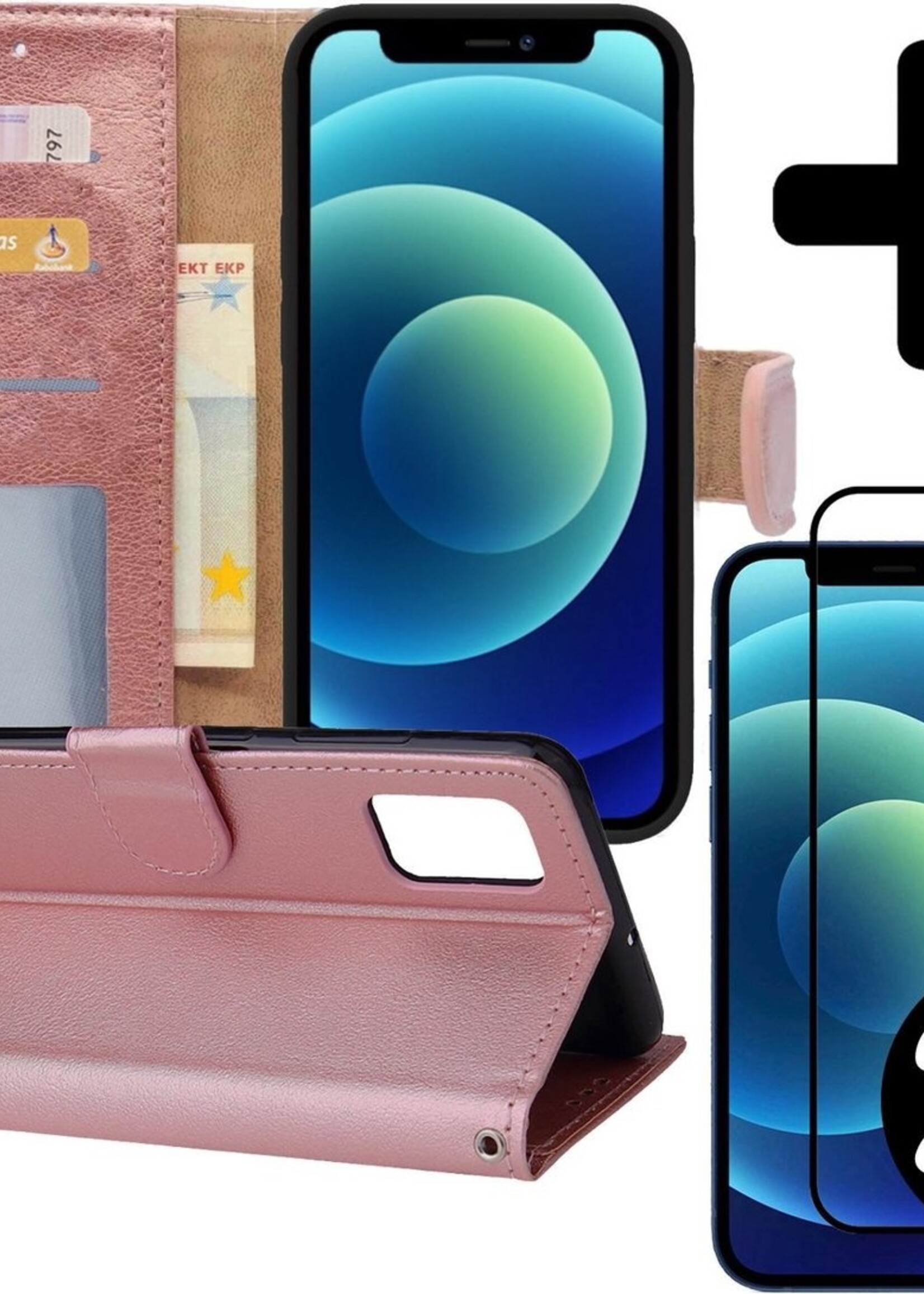 BTH Hoesje Geschikt voor iPhone 12 Pro Max Hoesje Book Case Hoes Portemonnee Cover Walletcase Met 2x Screenprotector - Hoes Geschikt voor iPhone 12 Pro Max Hoes Bookcase Hoesje - Rosé goud