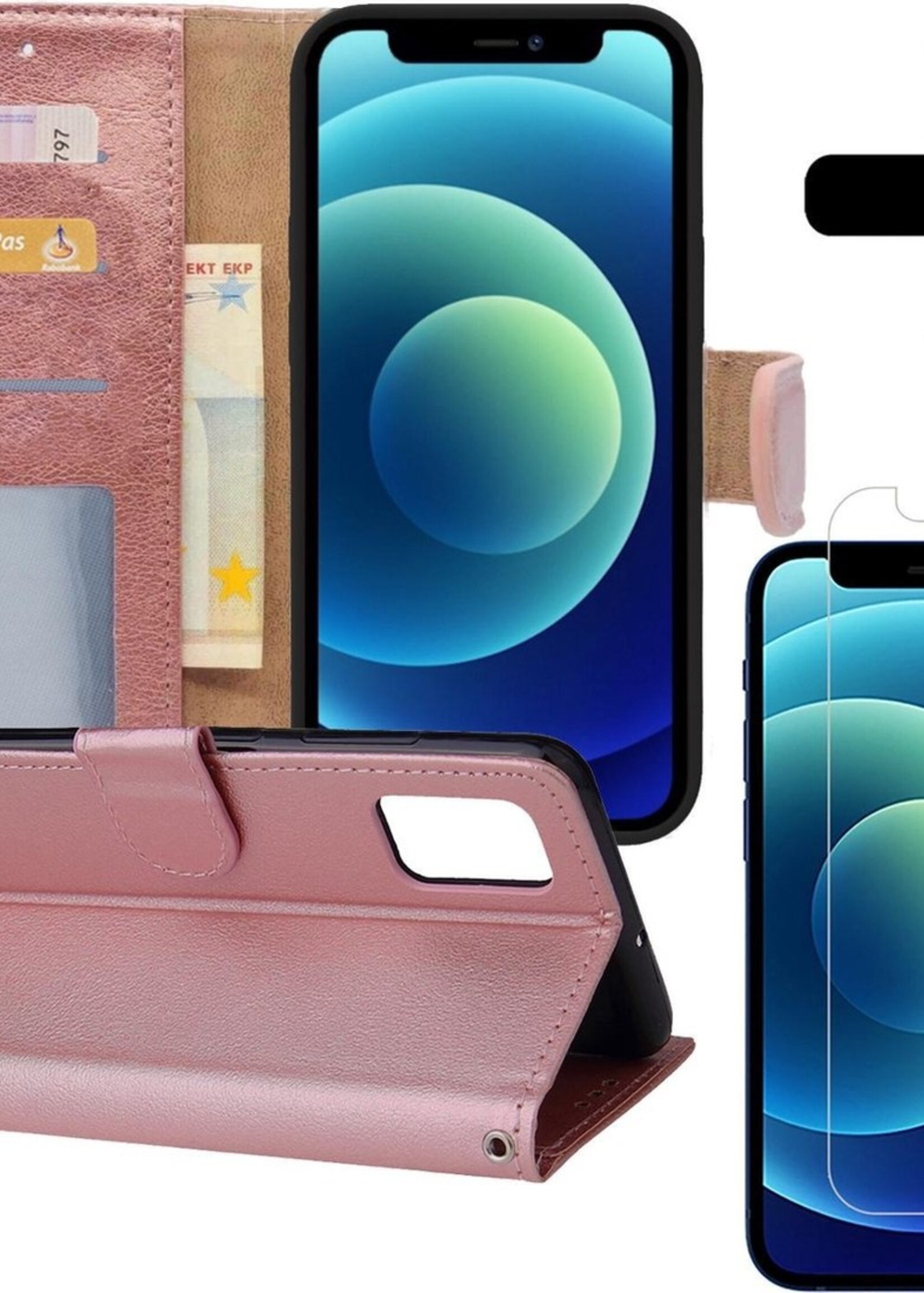 BTH Hoesje Geschikt voor iPhone 12 Pro Max Hoesje Book Case Hoes Portemonnee Cover Walletcase Met Screenprotector - Hoes Geschikt voor iPhone 12 Pro Max Hoes Bookcase Hoesje - Rosé goud