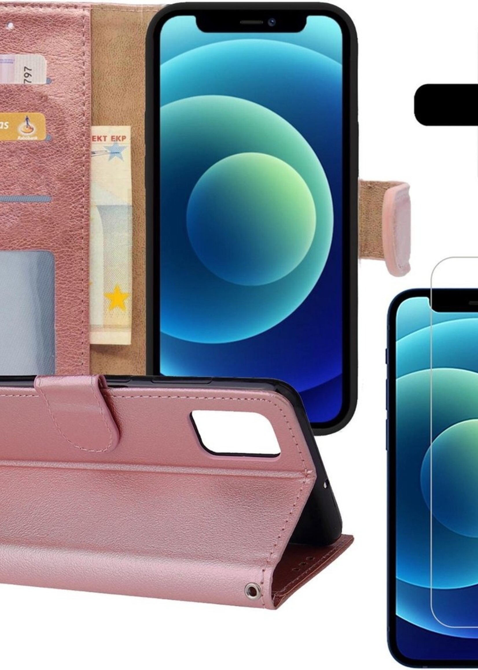 BTH Hoesje Geschikt voor iPhone 12 Mini Hoesje Book Case Hoes Portemonnee Cover Walletcase Met Screenprotector - Hoes Geschikt voor iPhone 12 Mini Hoes Bookcase Hoesje - Rosé goud