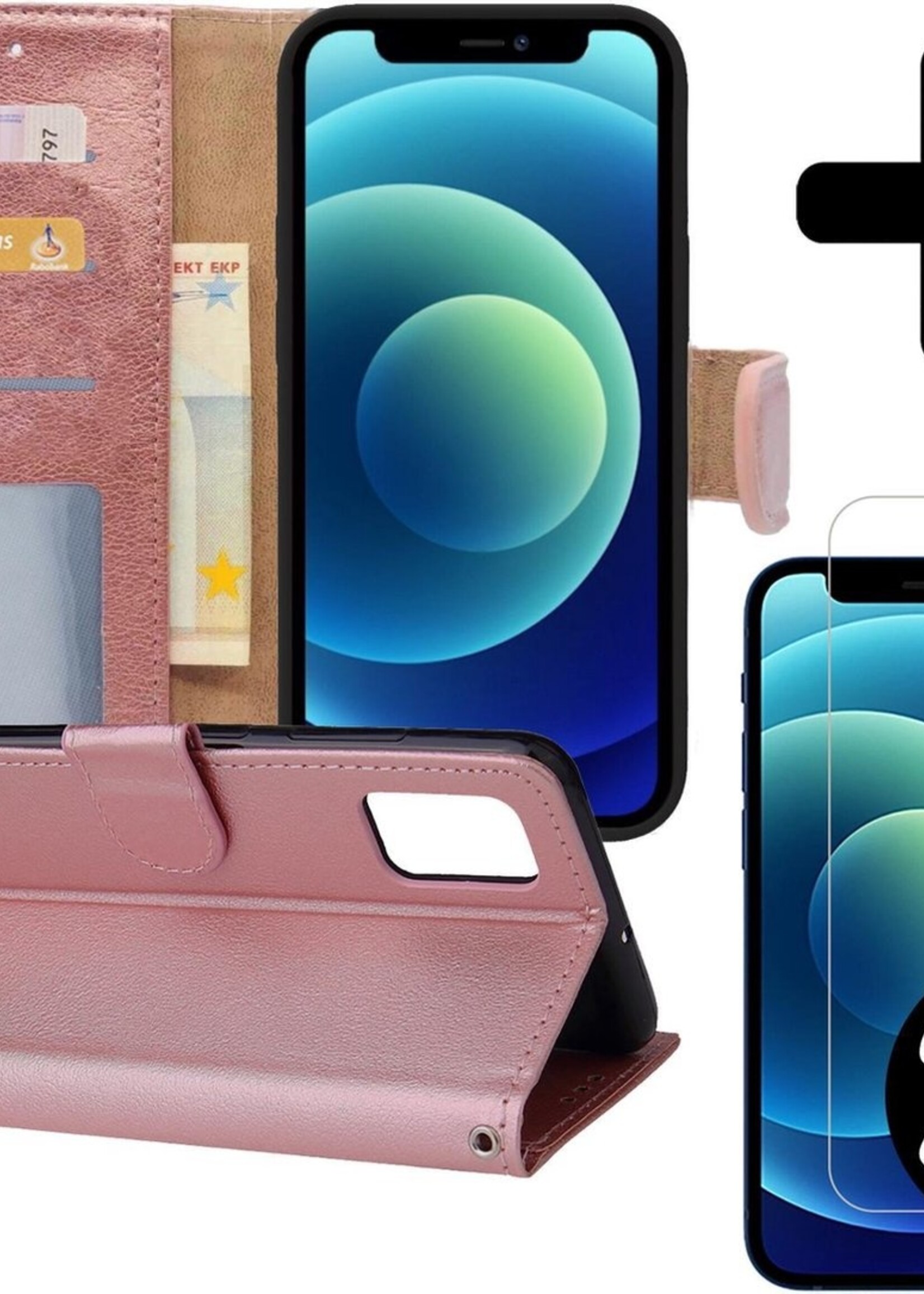 BTH Hoesje Geschikt voor iPhone 12 Mini Hoesje Book Case Hoes Portemonnee Cover Walletcase Met 2x Screenprotector - Hoes Geschikt voor iPhone 12 Mini Hoes Bookcase Hoesje - Rosé goud