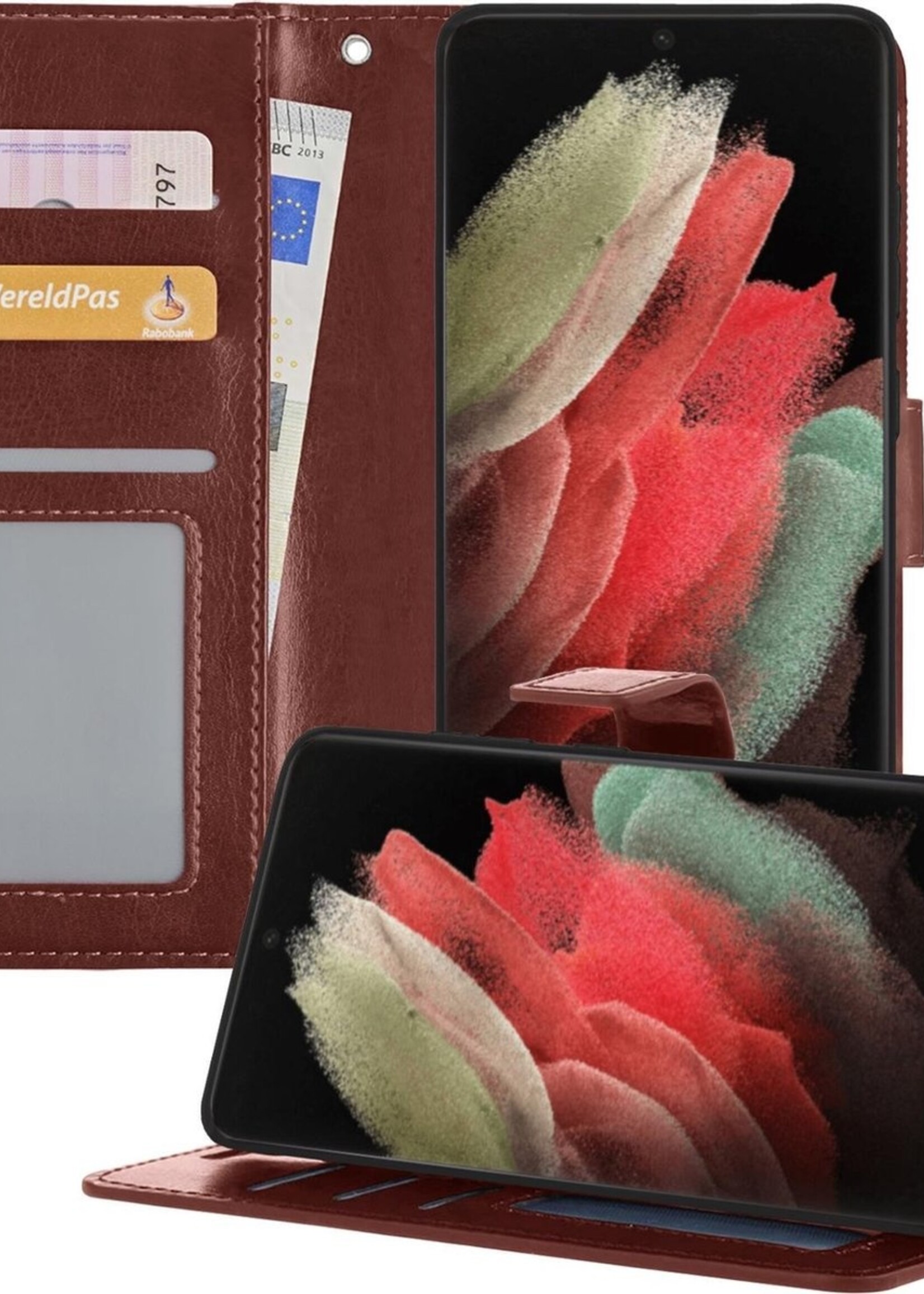 BTH Hoesje Geschikt voor Samsung S21 Ultra Hoesje Book Case Hoes Portemonnee Cover Walletcase - Hoes Geschikt voor Samsung Galaxy S21 Ultra Hoes Bookcase Hoesje - Bruin