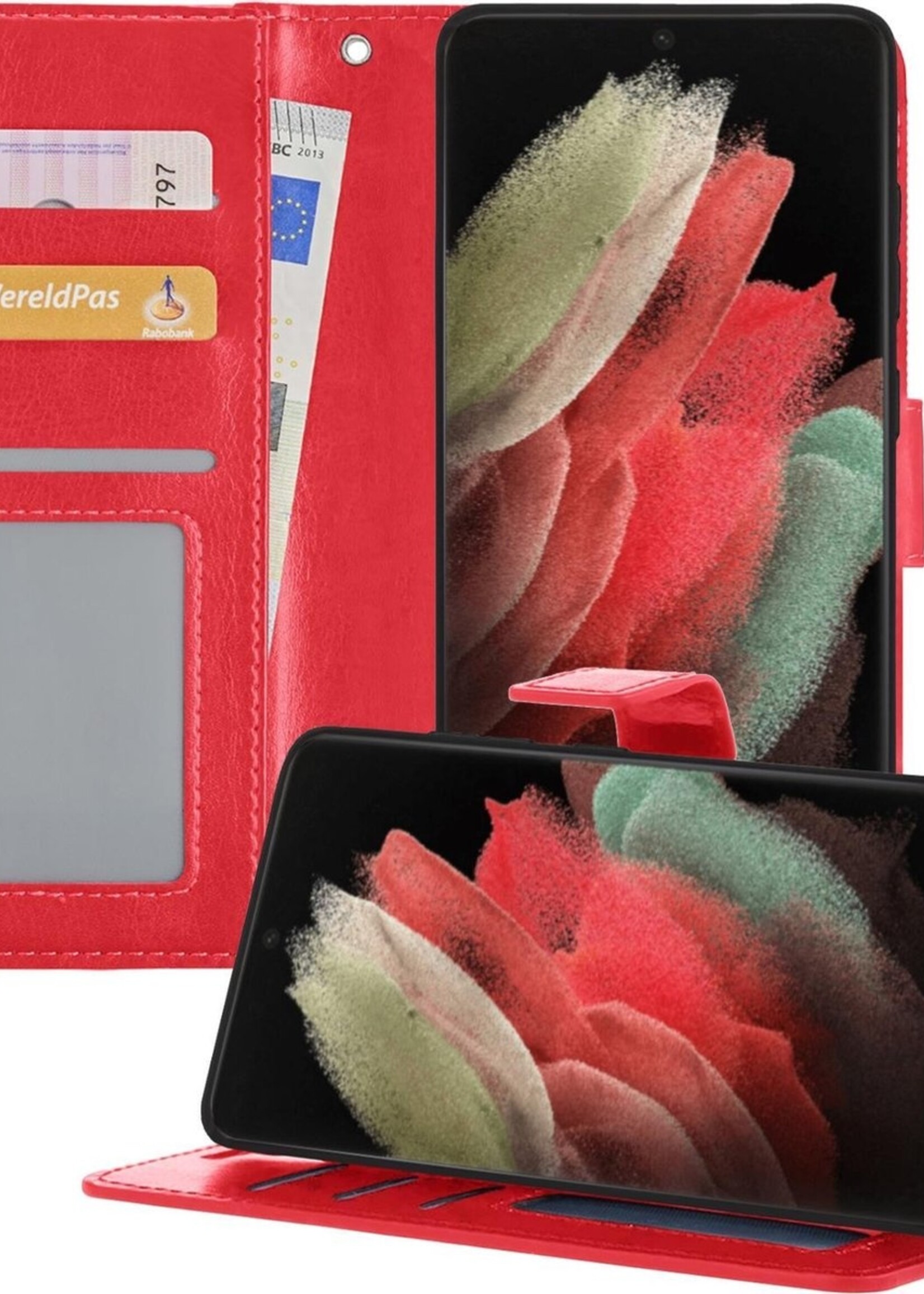 BTH Hoesje Geschikt voor Samsung S21 Ultra Hoesje Book Case Hoes Portemonnee Cover Walletcase - Hoes Geschikt voor Samsung Galaxy S21 Ultra Hoes Bookcase Hoesje - Rood