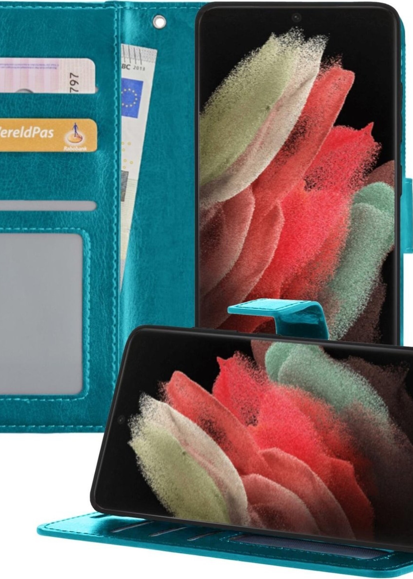 BTH Hoesje Geschikt voor Samsung S21 Ultra Hoesje Book Case Hoes Portemonnee Cover Walletcase - Hoes Geschikt voor Samsung Galaxy S21 Ultra Hoes Bookcase Hoesje - Turquoise