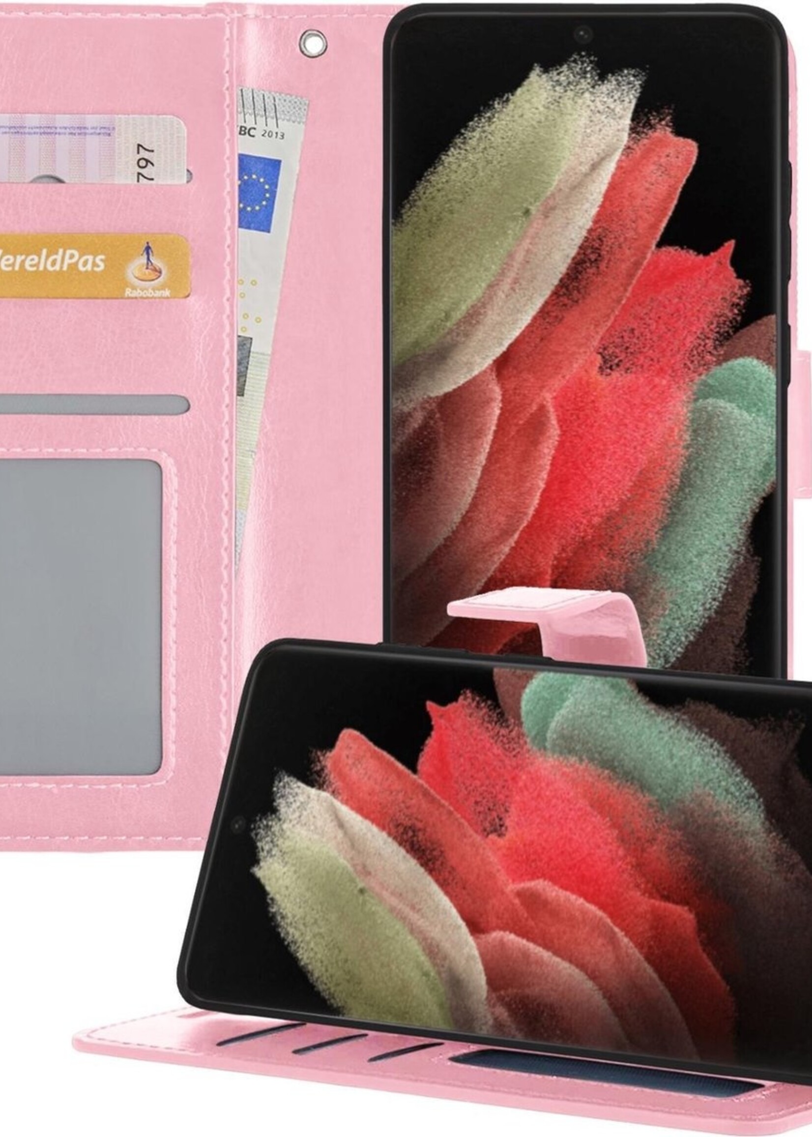 BTH Hoesje Geschikt voor Samsung S21 Ultra Hoesje Book Case Hoes Portemonnee Cover Walletcase - Hoes Geschikt voor Samsung Galaxy S21 Ultra Hoes Bookcase Hoesje - Roze