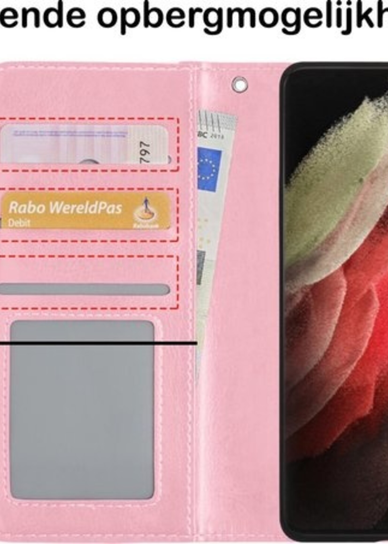 BTH Hoesje Geschikt voor Samsung S21 Ultra Hoesje Book Case Hoes Portemonnee Cover Walletcase - Hoes Geschikt voor Samsung Galaxy S21 Ultra Hoes Bookcase Hoesje - Roze