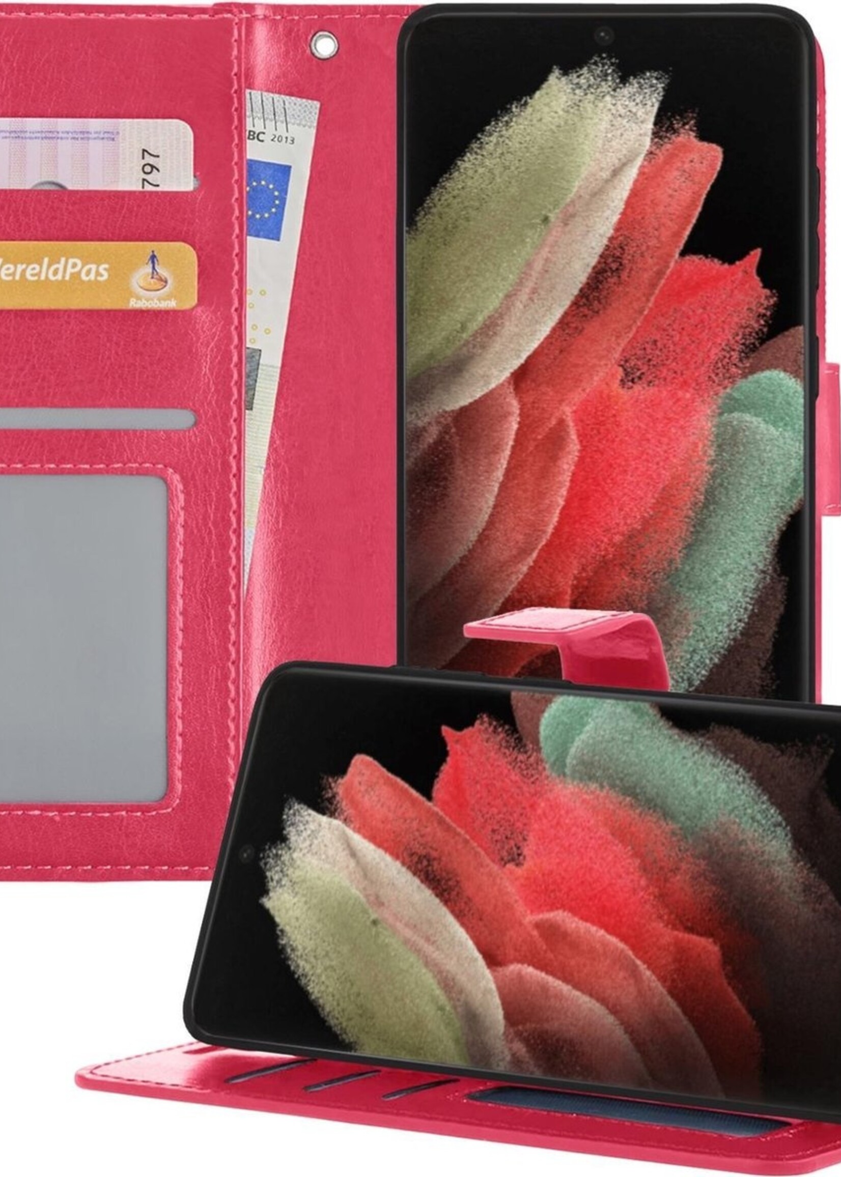 BTH Hoesje Geschikt voor Samsung S21 Ultra Hoesje Book Case Hoes Portemonnee Cover Walletcase - Hoes Geschikt voor Samsung Galaxy S21 Ultra Hoes Bookcase Hoesje - Roze