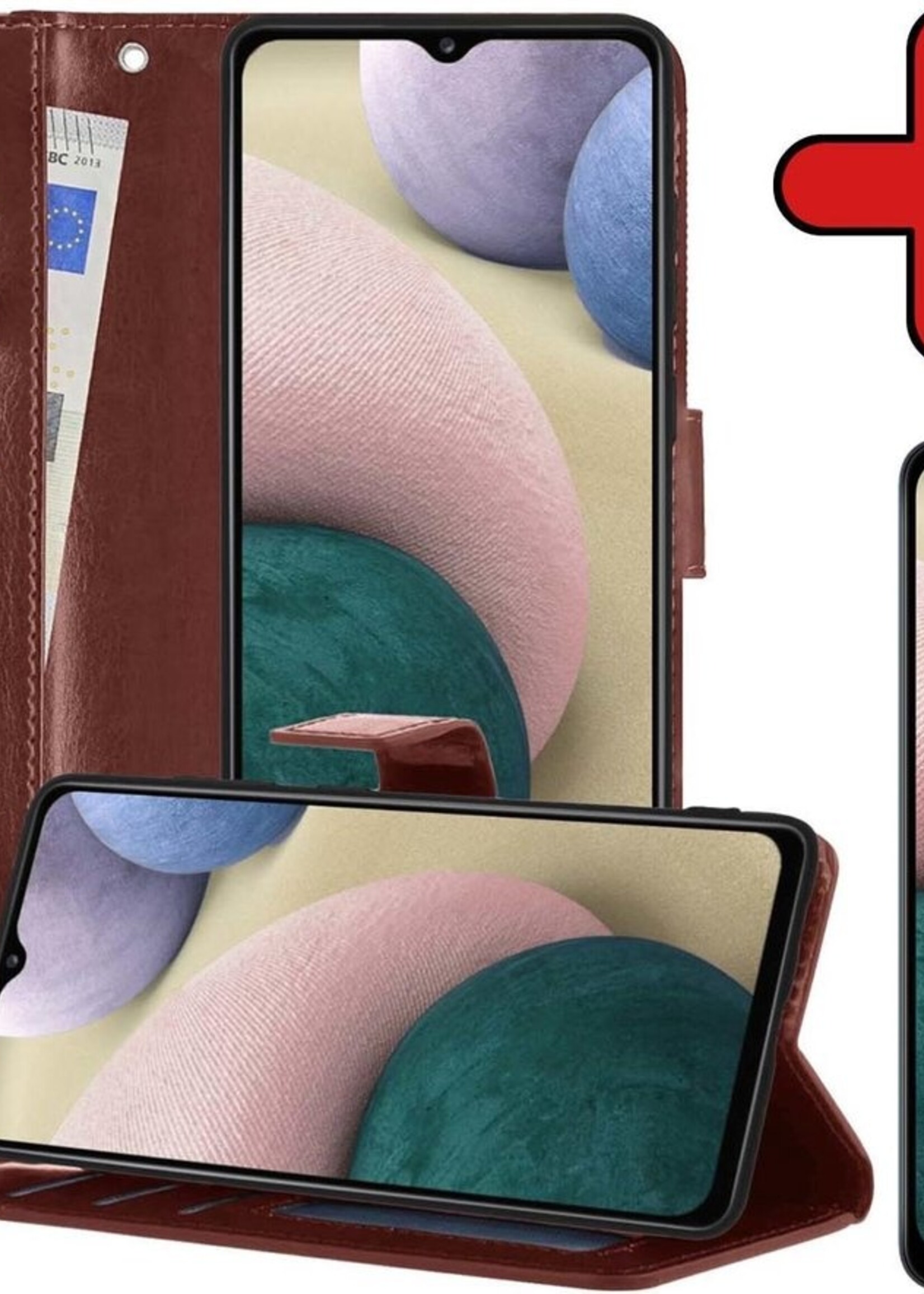 BTH Hoesje Geschikt voor Samsung A12 Hoesje Book Case Hoes Portemonnee Cover Walletcase Met Screenprotector - Hoes Geschikt voor Samsung Galaxy A12 Hoes Bookcase Hoesje - Bruin