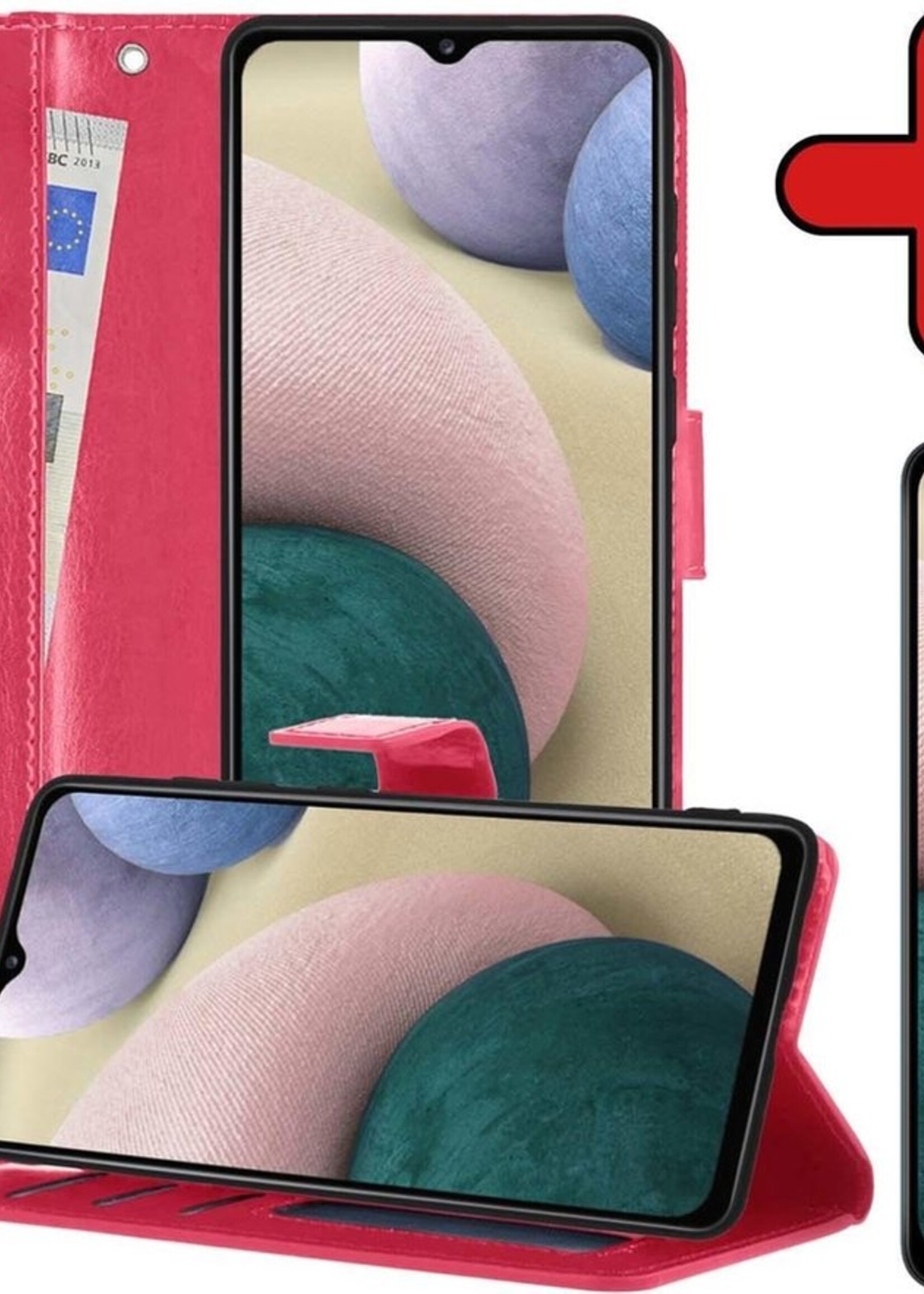 BTH Hoesje Geschikt voor Samsung A12 Hoesje Book Case Hoes Portemonnee Cover Walletcase Met Screenprotector - Hoes Geschikt voor Samsung Galaxy A12 Hoes Bookcase Hoesje - Donkerroze