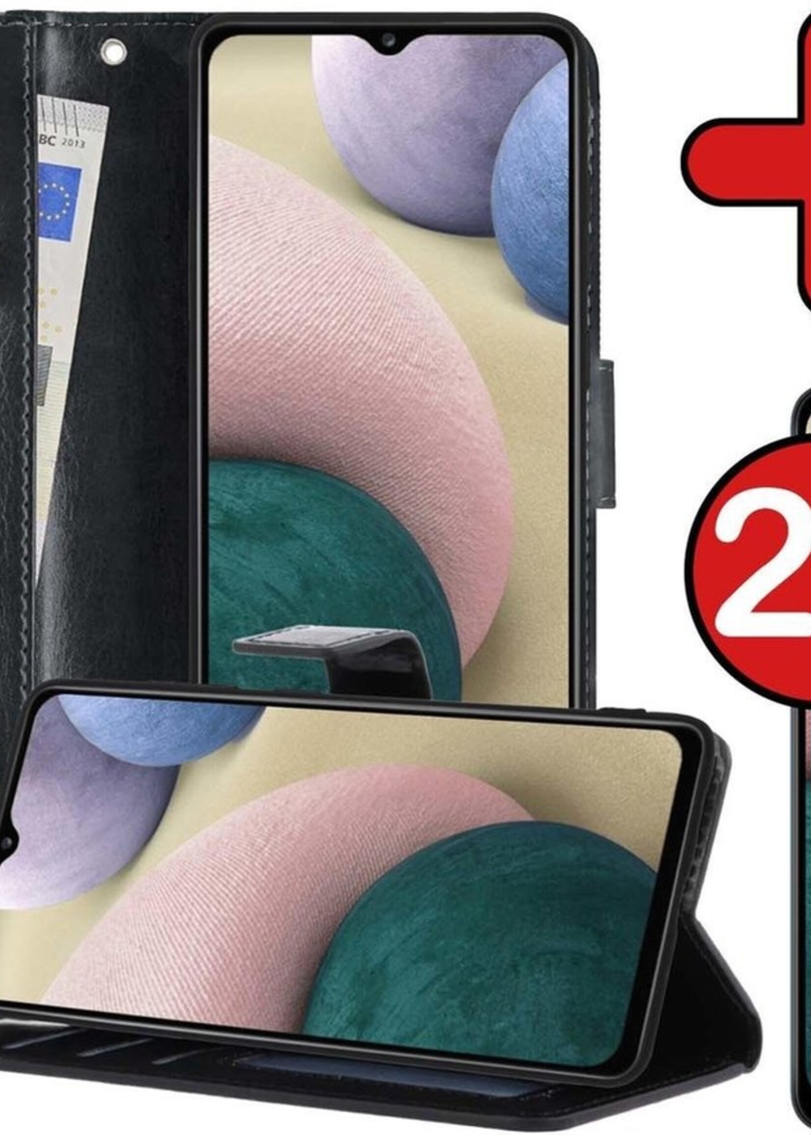 BTH Hoesje Geschikt voor Samsung A12 Hoesje Book Case Hoes Portemonnee Cover Walletcase Met 2x Screenprotector - Hoes Geschikt voor Samsung Galaxy A12 Hoes Bookcase Hoesje - Zwart