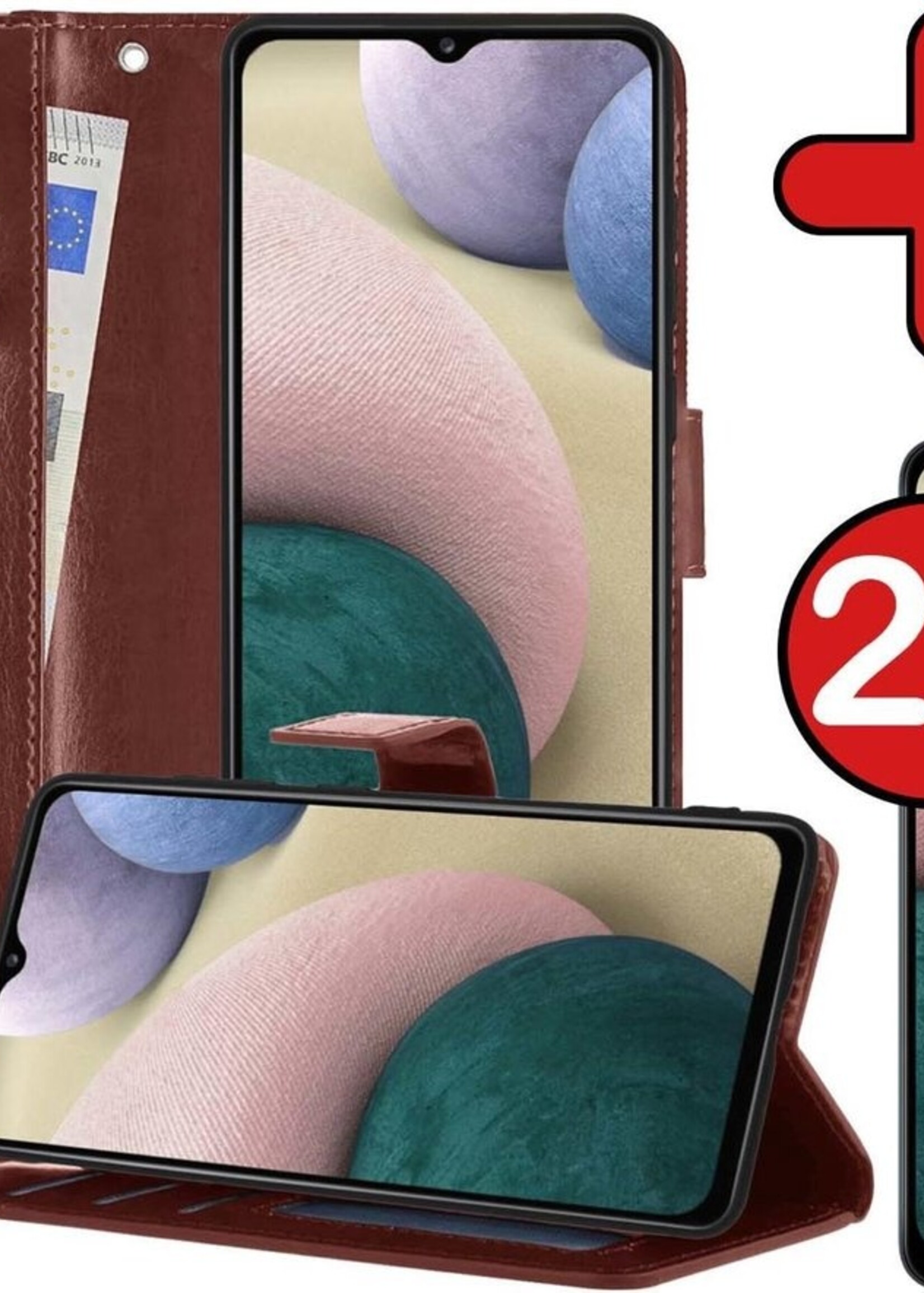 BTH Hoesje Geschikt voor Samsung A12 Hoesje Book Case Hoes Portemonnee Cover Walletcase Met 2x Screenprotector - Hoes Geschikt voor Samsung Galaxy A12 Hoes Bookcase Hoesje - Bruin