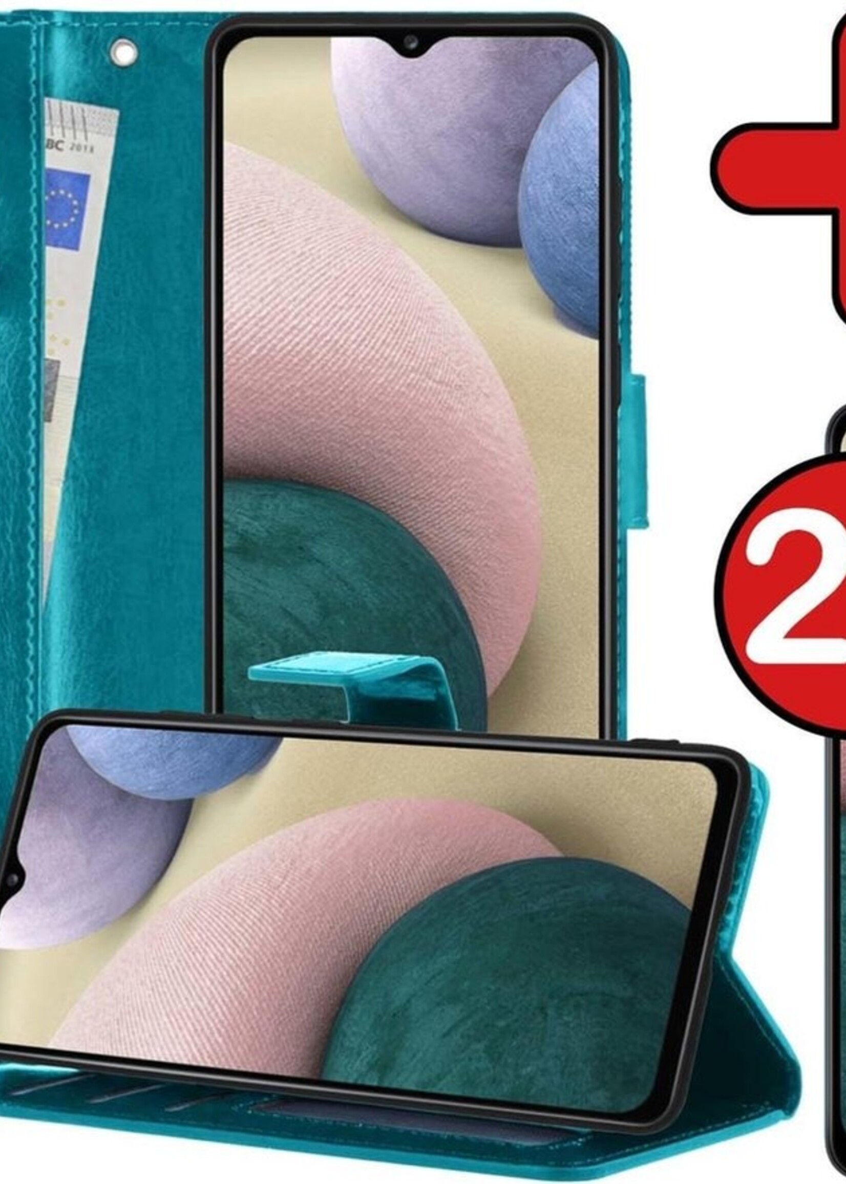 BTH Hoesje Geschikt voor Samsung A12 Hoesje Book Case Hoes Portemonnee Cover Walletcase Met 2x Screenprotector - Hoes Geschikt voor Samsung Galaxy A12 Hoes Bookcase Hoesje - Turquoise
