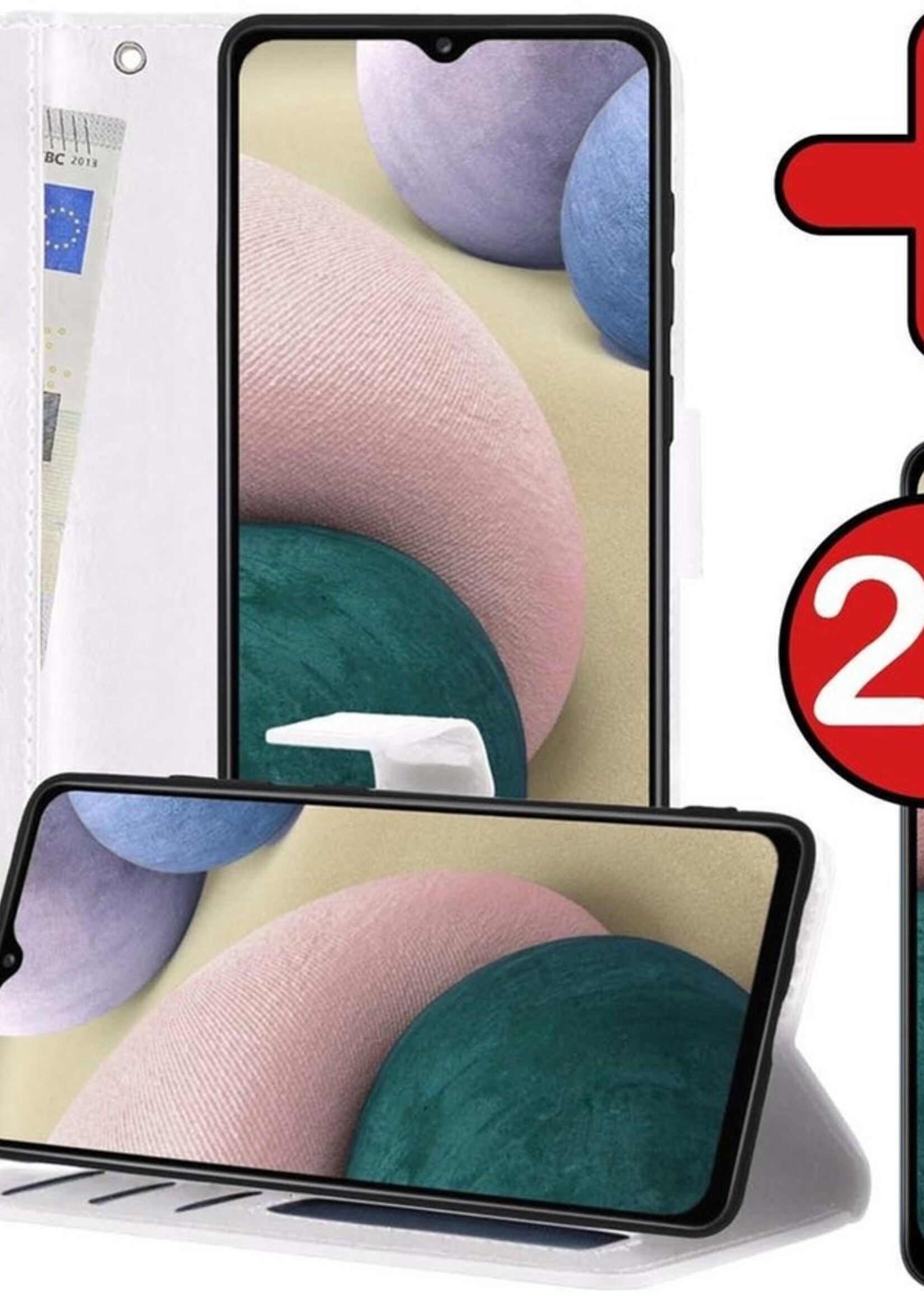 BTH Hoesje Geschikt voor Samsung A12 Hoesje Book Case Hoes Portemonnee Cover Walletcase Met 2x Screenprotector - Hoes Geschikt voor Samsung Galaxy A12 Hoes Bookcase Hoesje - Wit