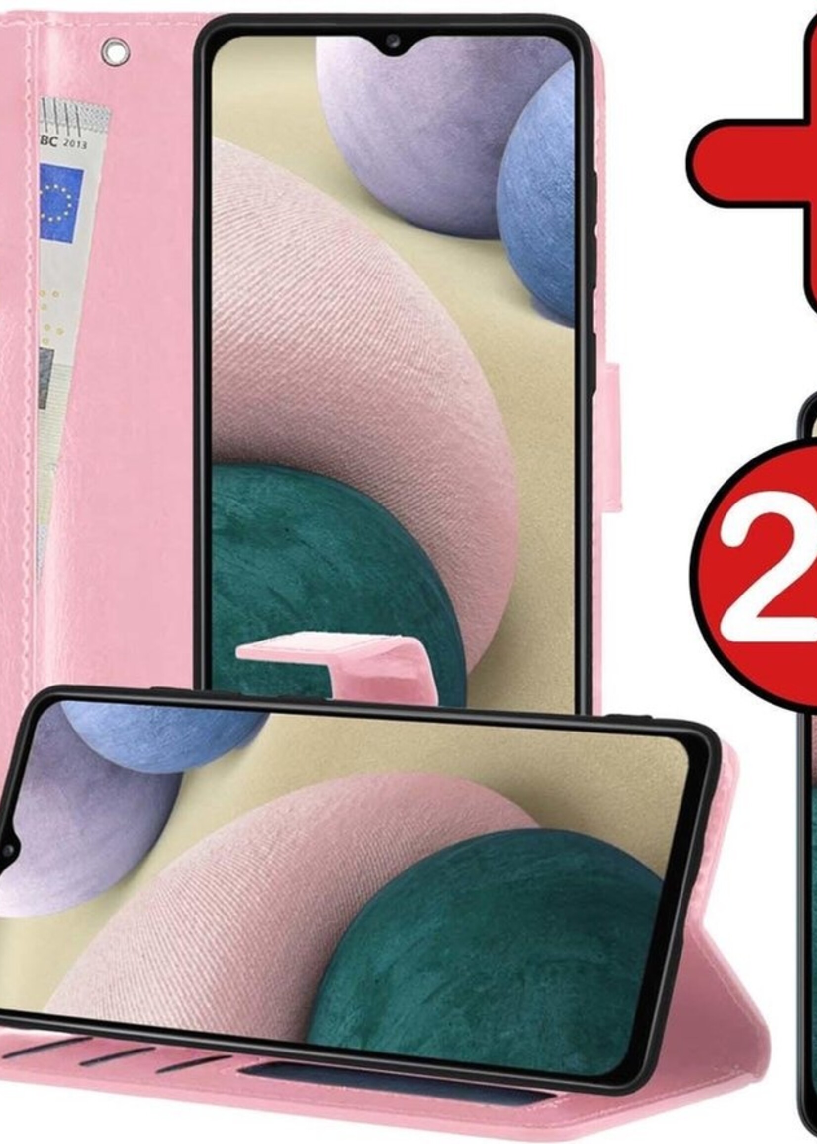 BTH Hoesje Geschikt voor Samsung A12 Hoesje Book Case Hoes Portemonnee Cover Walletcase Met 2x Screenprotector - Hoes Geschikt voor Samsung Galaxy A12 Hoes Bookcase Hoesje - Lichtroze