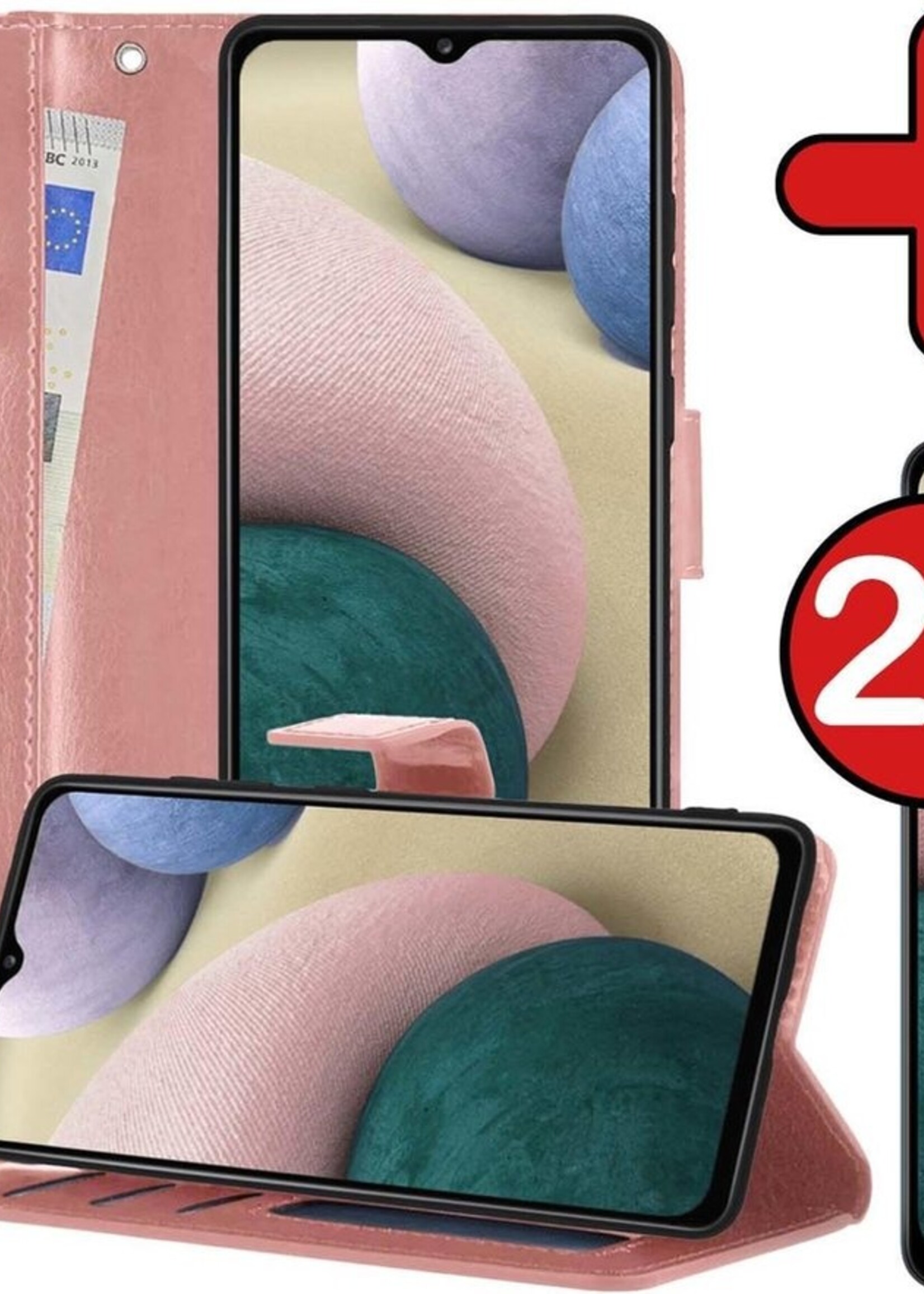 BTH Hoesje Geschikt voor Samsung A12 Hoesje Book Case Hoes Portemonnee Cover Walletcase Met 2x Screenprotector - Hoes Geschikt voor Samsung Galaxy A12 Hoes Bookcase Hoesje - Rosé goud