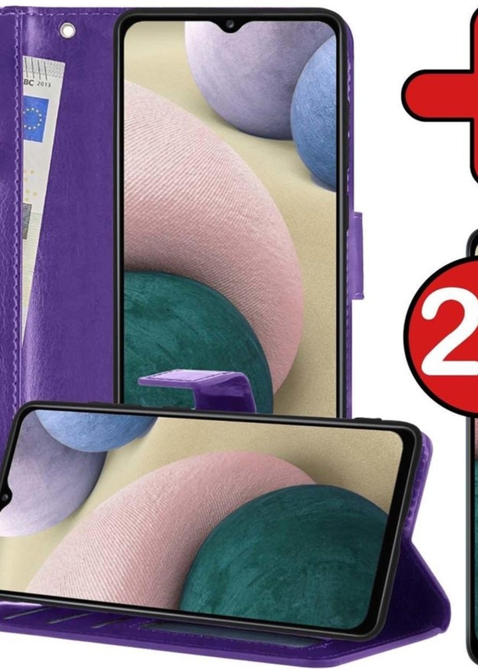 BTH Hoesje Geschikt voor Samsung A12 Hoesje Book Case Hoes Portemonnee Cover Walletcase Met 2x Screenprotector - Hoes Geschikt voor Samsung Galaxy A12 Hoes Bookcase Hoesje - Paars