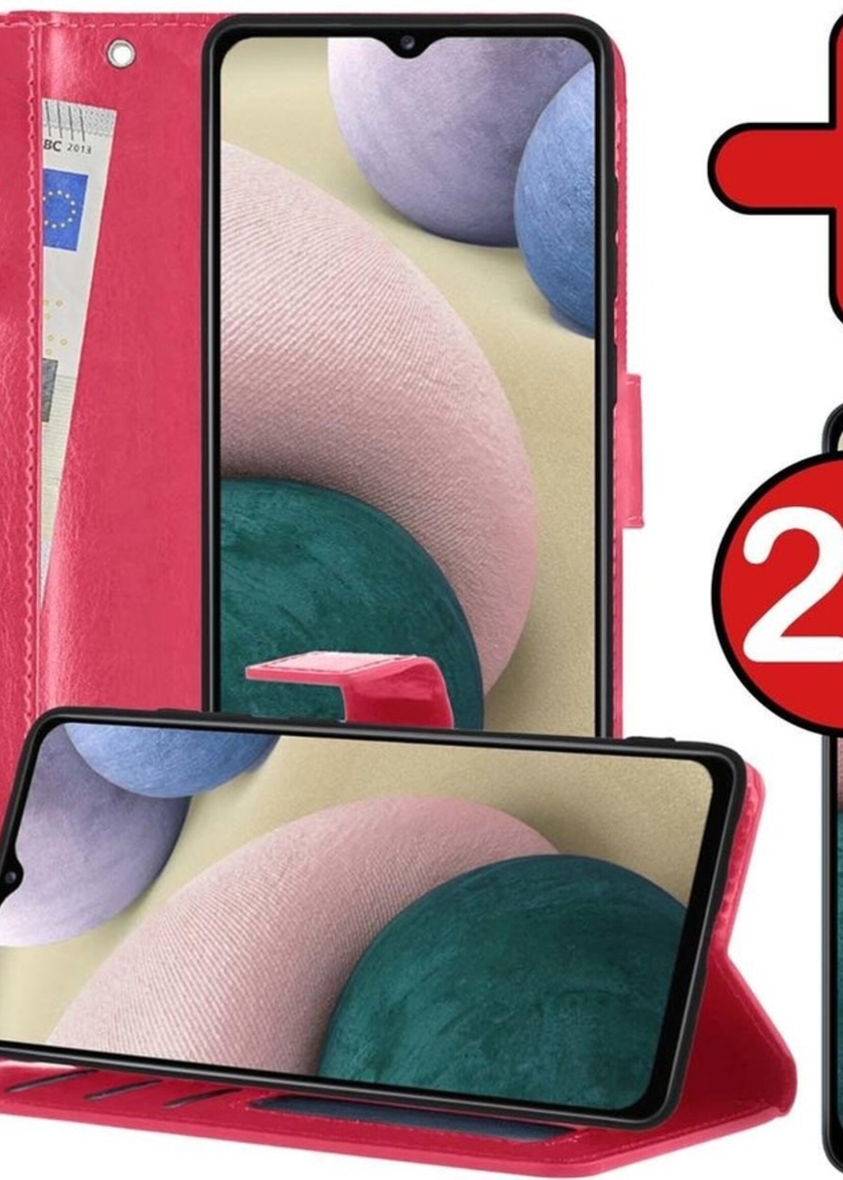 BTH Hoesje Geschikt voor Samsung A12 Hoesje Book Case Hoes Portemonnee Cover Walletcase Met 2x Screenprotector - Hoes Geschikt voor Samsung Galaxy A12 Hoes Bookcase Hoesje - Donkerroze