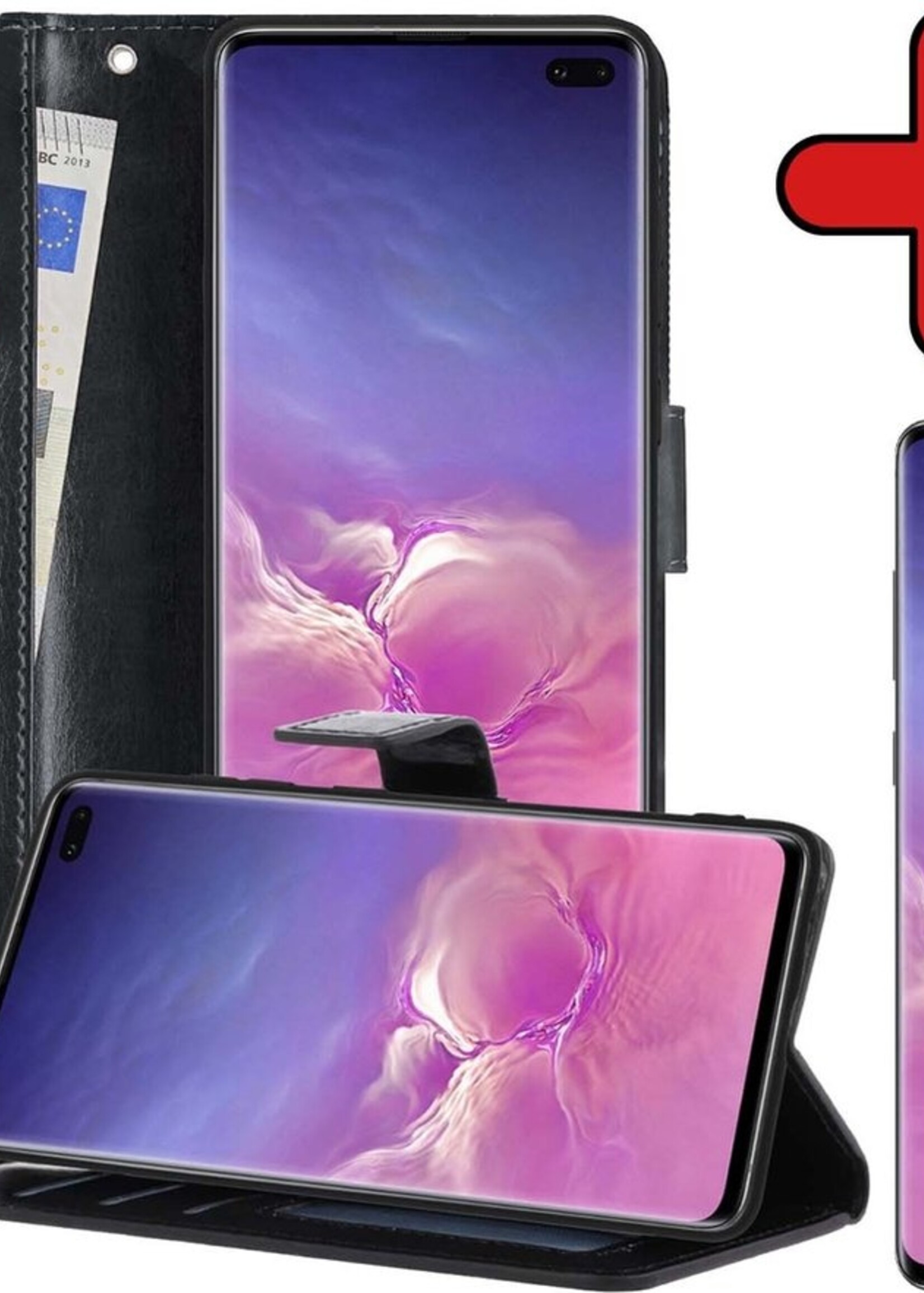 BTH Hoesje Geschikt voor Samsung S10 Hoesje Book Case Hoes Portemonnee Cover Walletcase Met Screenprotector - Hoes Geschikt voor Samsung Galaxy S10 Hoes Bookcase Hoesje - Zwart