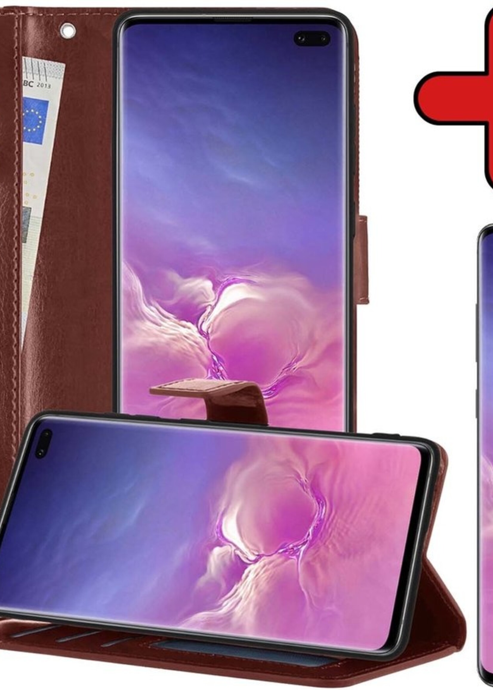 BTH Hoesje Geschikt voor Samsung S10 Hoesje Book Case Hoes Portemonnee Cover Walletcase Met Screenprotector - Hoes Geschikt voor Samsung Galaxy S10 Hoes Bookcase Hoesje - Bruin