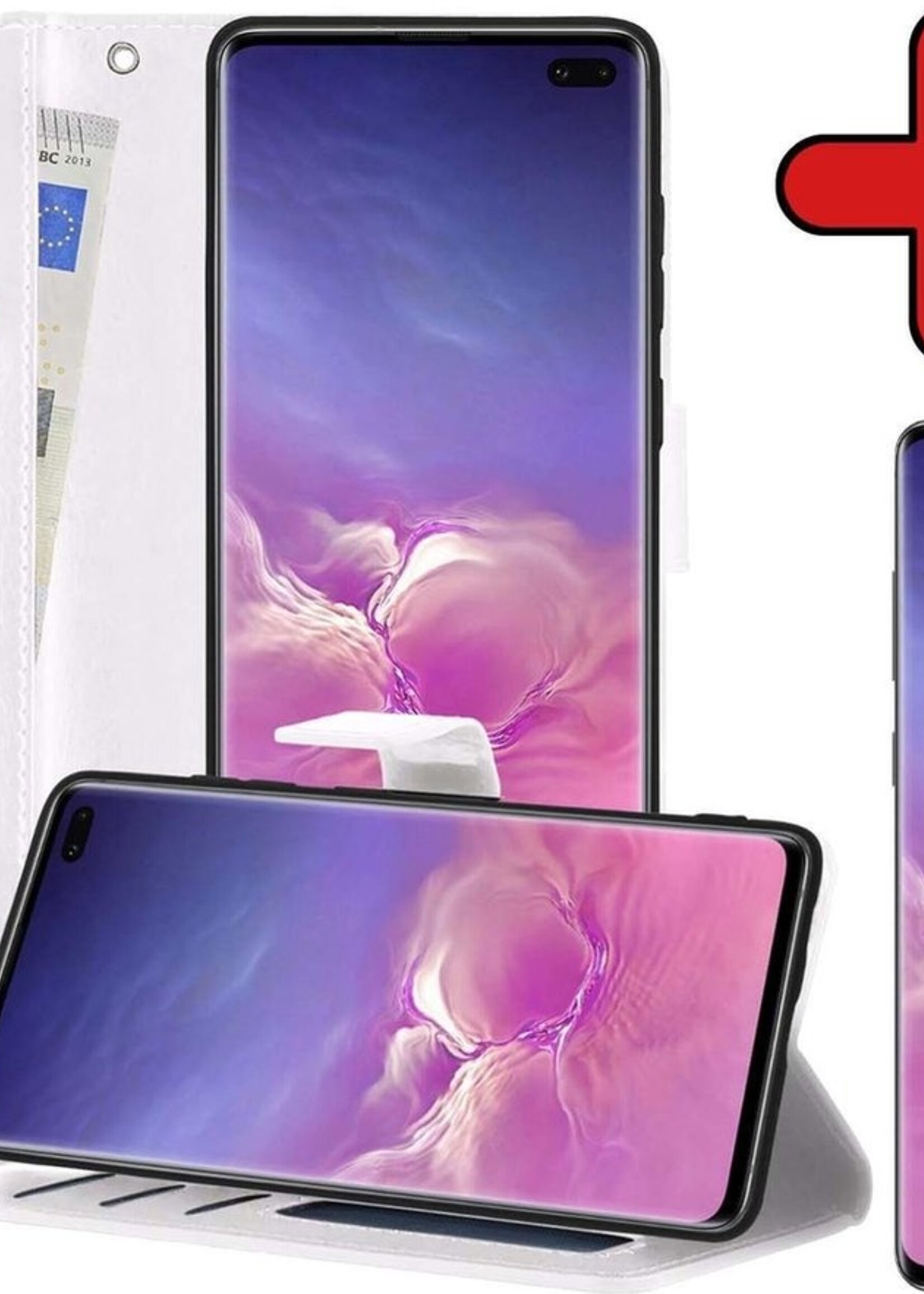 BTH Hoesje Geschikt voor Samsung S10 Hoesje Book Case Hoes Portemonnee Cover Walletcase Met Screenprotector - Hoes Geschikt voor Samsung Galaxy S10 Hoes Bookcase Hoesje - Wit