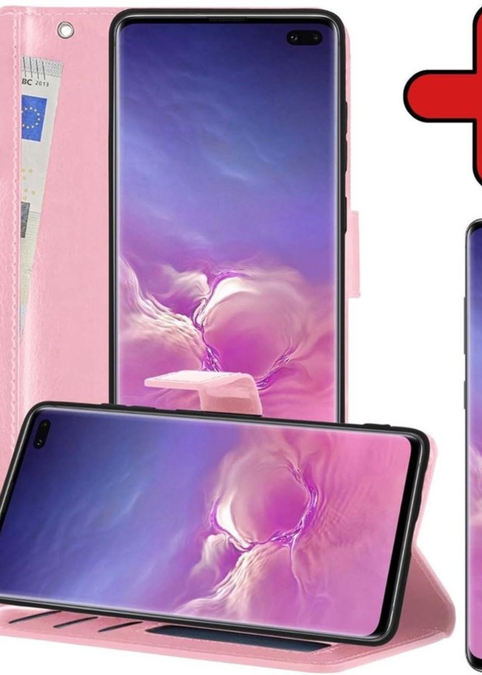 BTH Hoesje Geschikt voor Samsung S10 Hoesje Book Case Hoes Portemonnee Cover Walletcase Met Screenprotector - Hoes Geschikt voor Samsung Galaxy S10 Hoes Bookcase Hoesje - Lichtroze