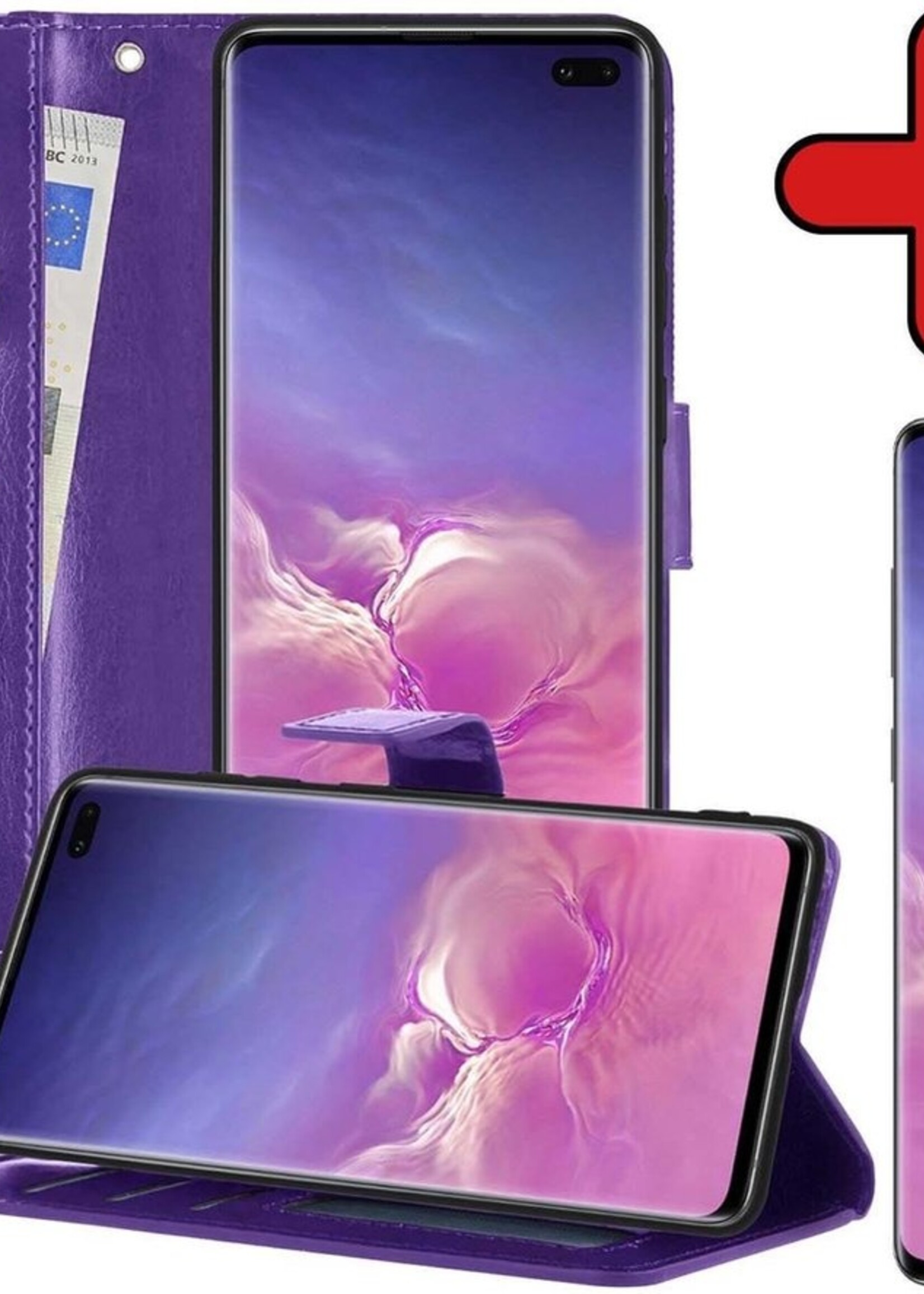 BTH Hoesje Geschikt voor Samsung S10 Hoesje Book Case Hoes Portemonnee Cover Walletcase Met Screenprotector - Hoes Geschikt voor Samsung Galaxy S10 Hoes Bookcase Hoesje - Paars