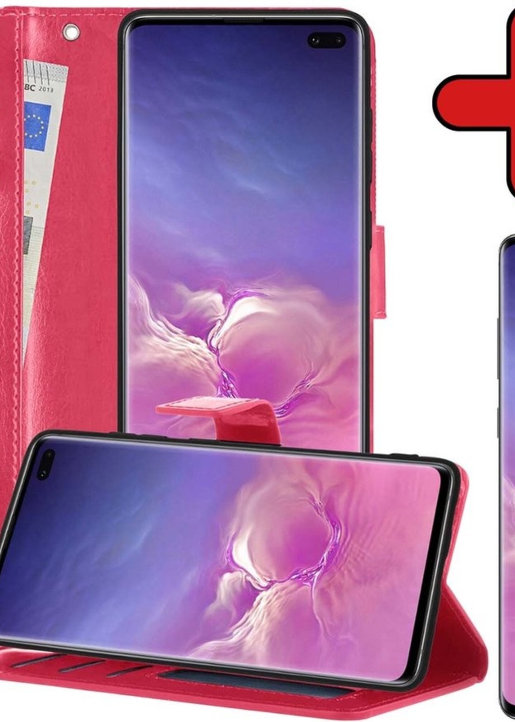 BTH Hoesje Geschikt voor Samsung S10 Hoesje Book Case Hoes Portemonnee Cover Walletcase Met Screenprotector - Hoes Geschikt voor Samsung Galaxy S10 Hoes Bookcase Hoesje - Donkerroze