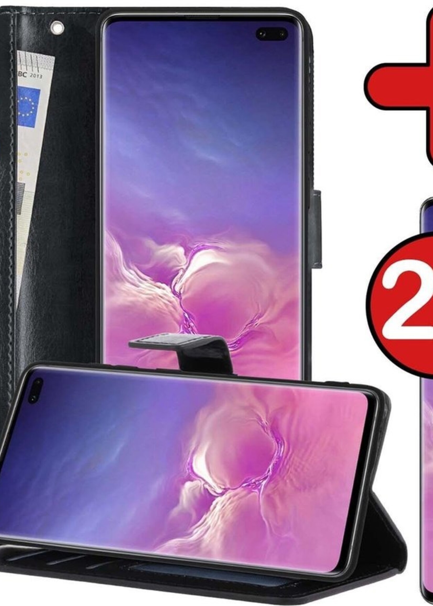 BTH Hoesje Geschikt voor Samsung S10 Hoesje Book Case Hoes Portemonnee Cover Walletcase Met 2x Screenprotector - Hoes Geschikt voor Samsung Galaxy S10 Hoes Bookcase Hoesje - Zwart